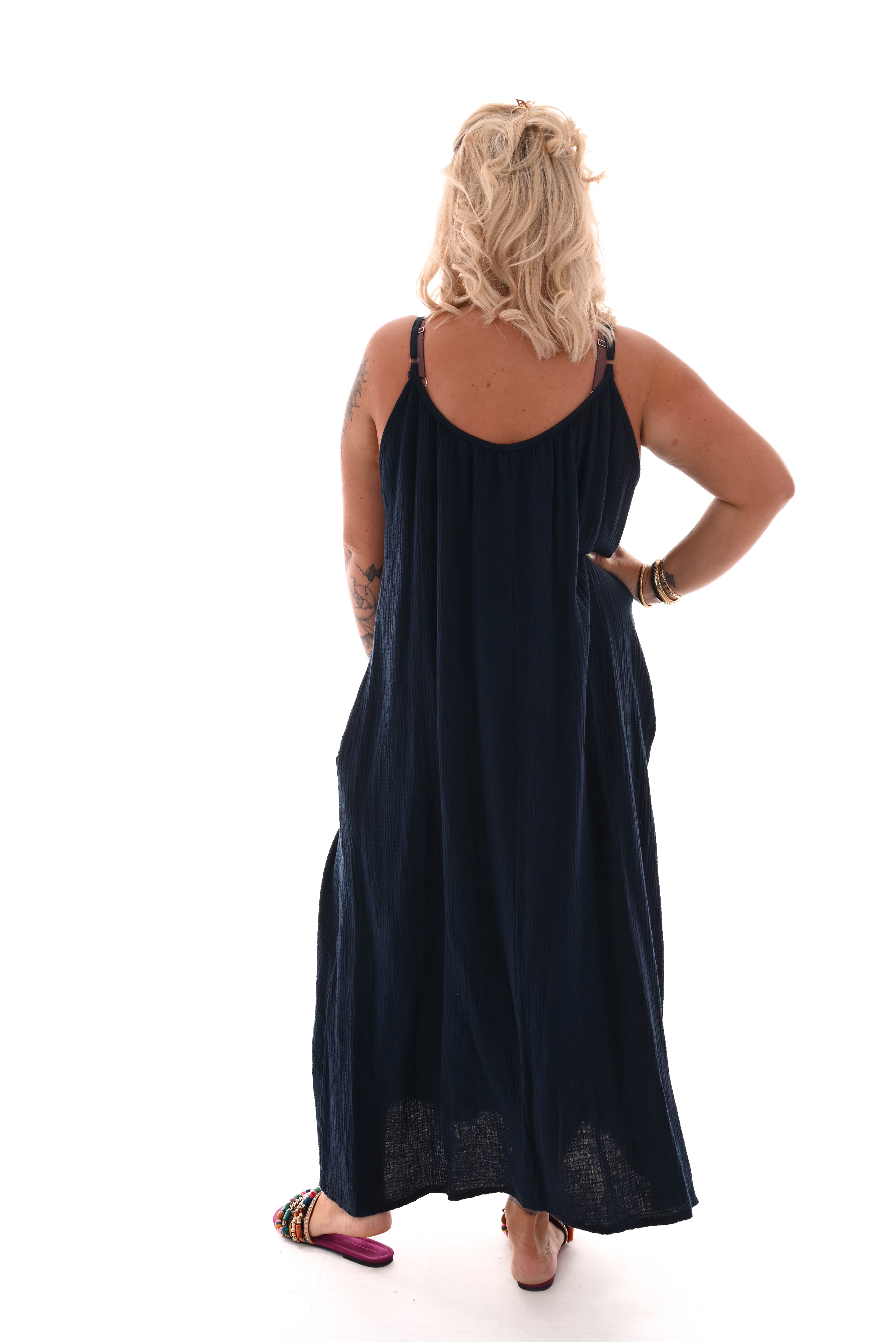 Lange wafel jurk uni marineblauw