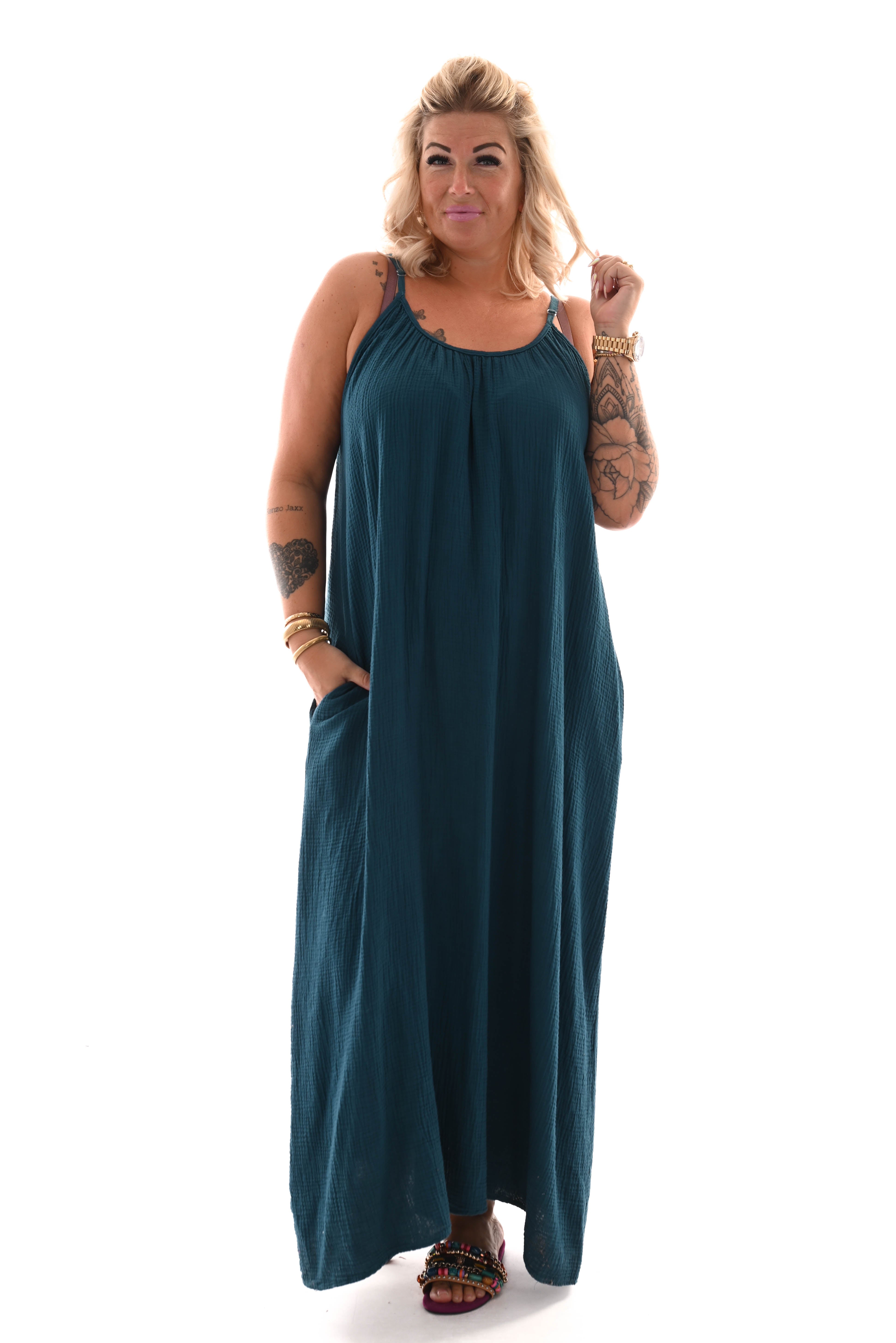 Lange wafel jurk uni blauw