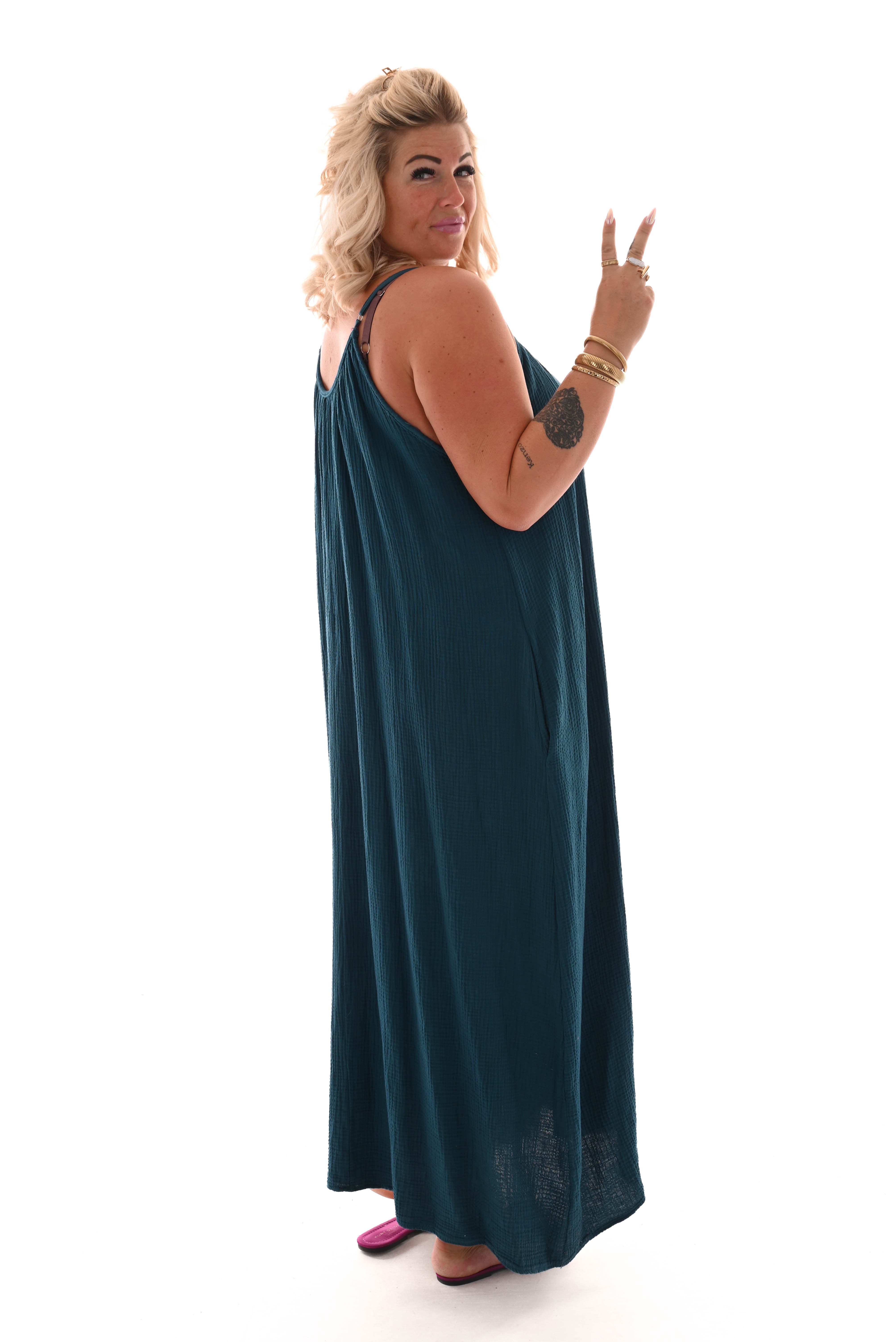 Lange wafel jurk uni blauw