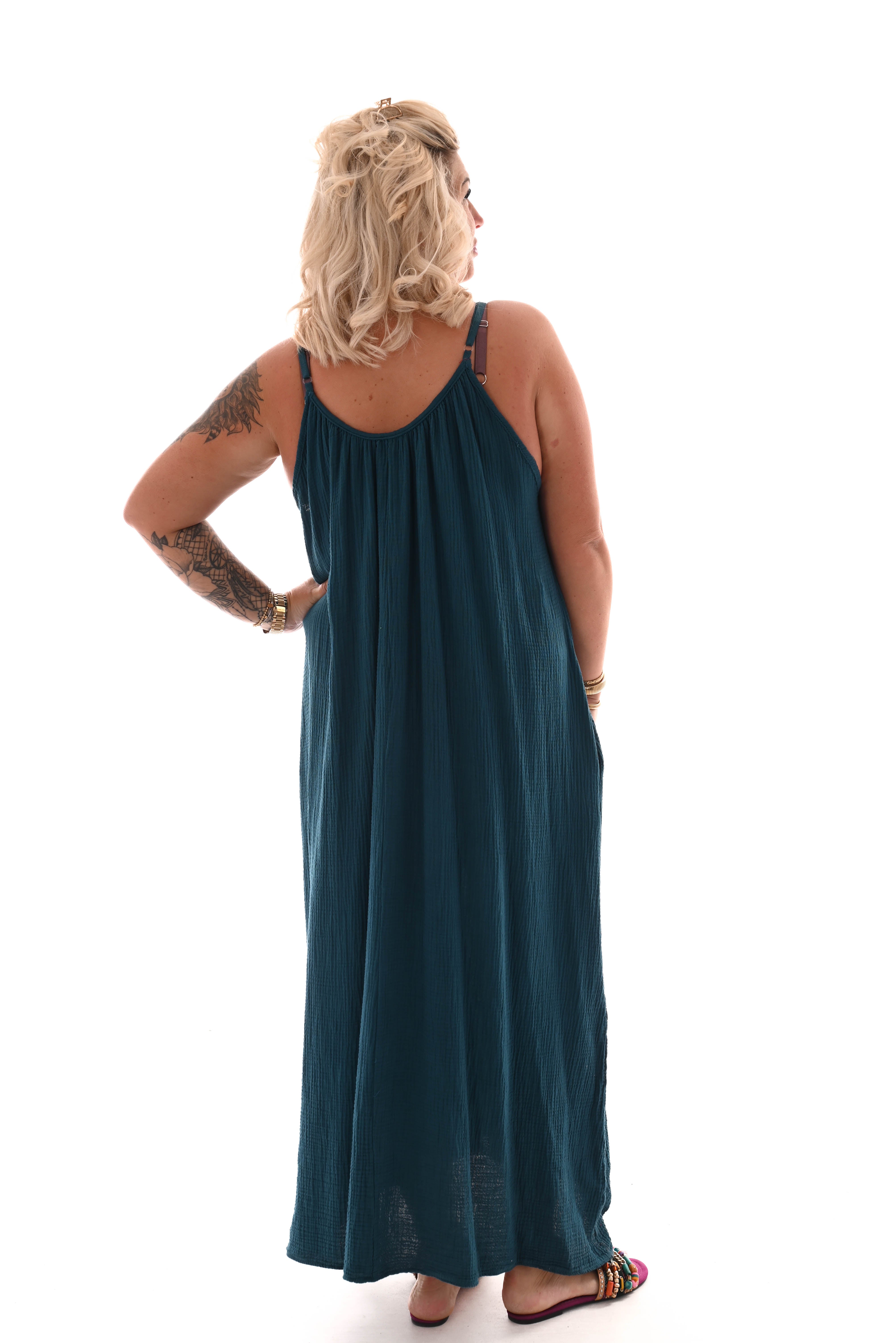 Lange wafel jurk uni blauw