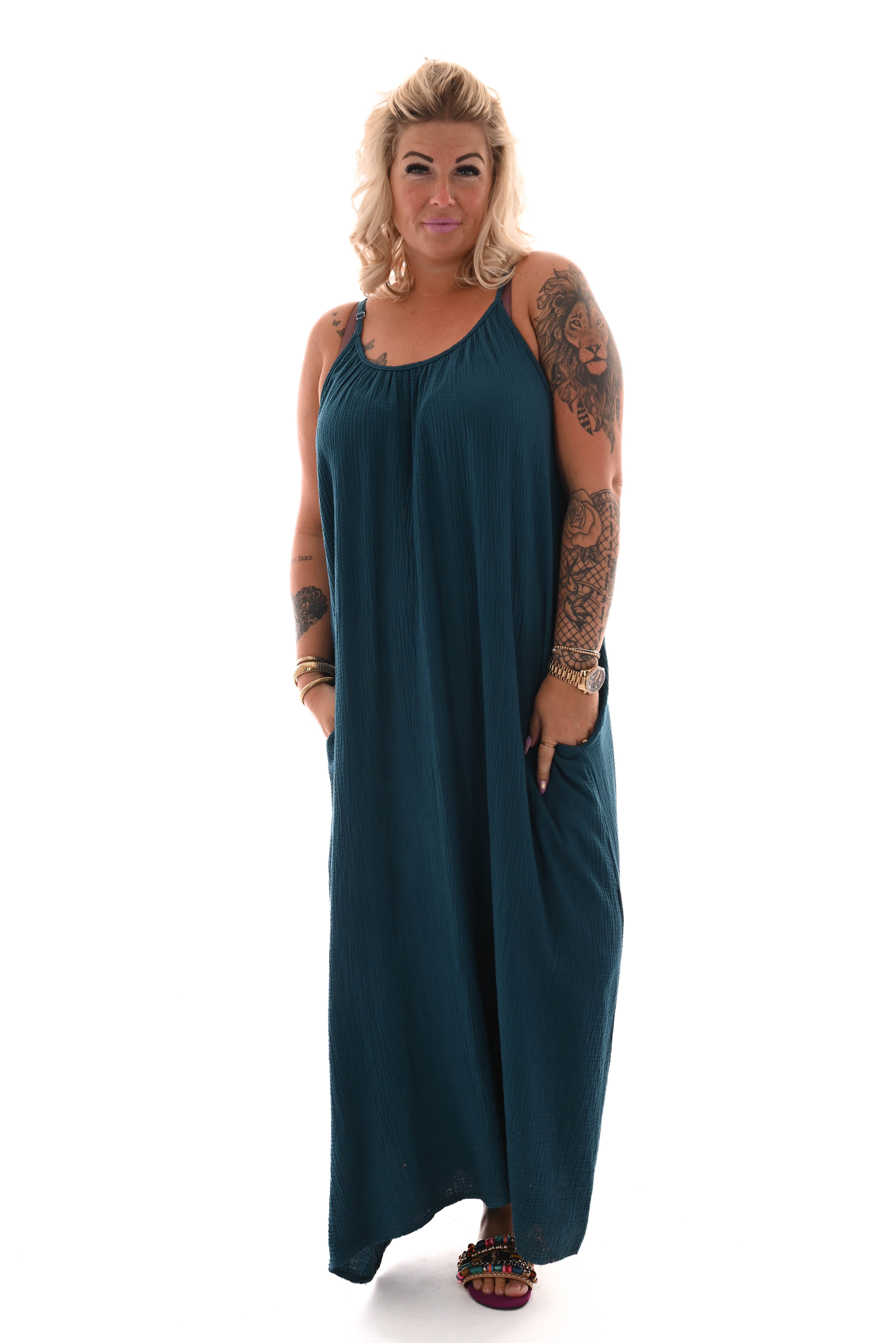 Lange wafel jurk uni blauw