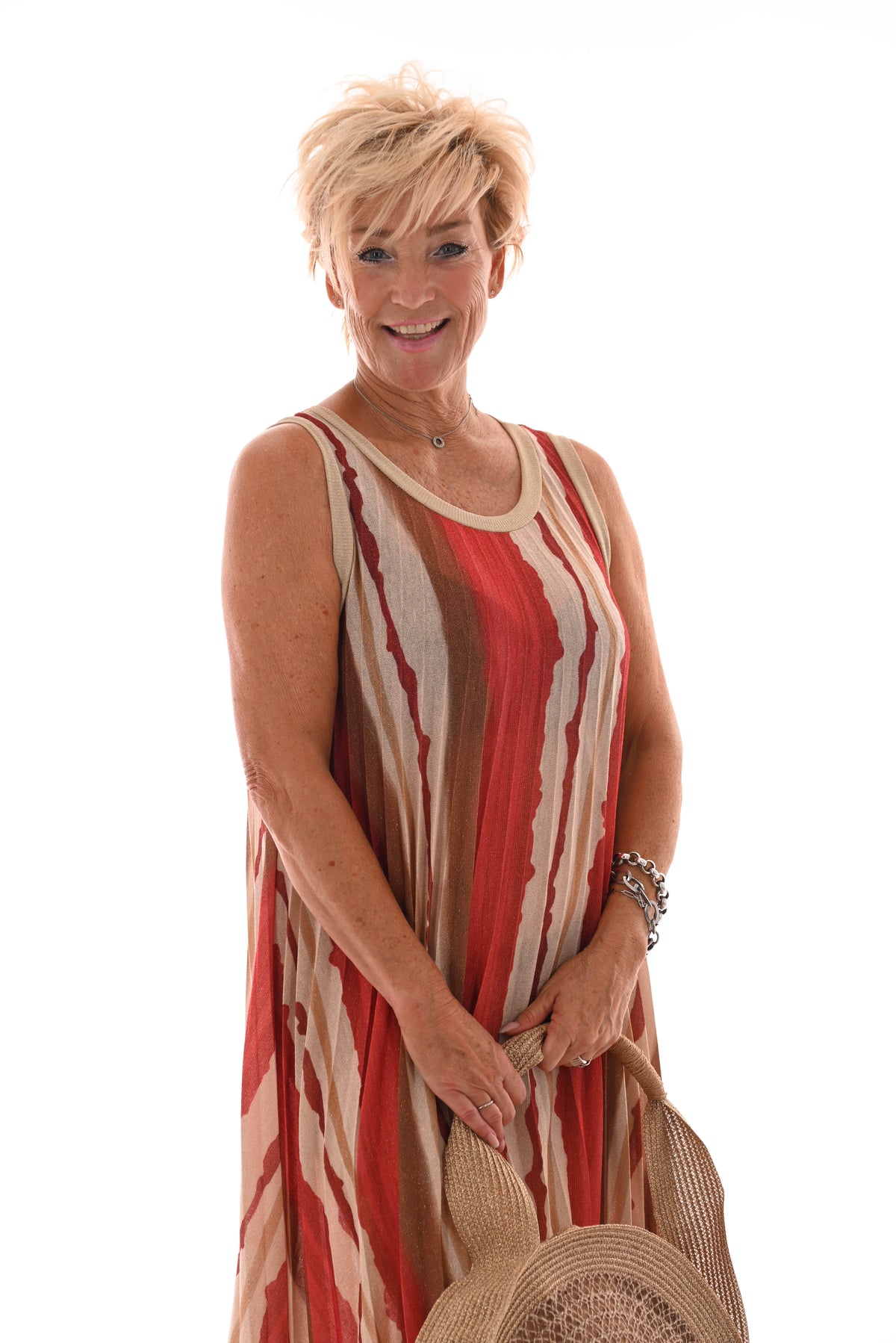 Mouwloze jurk plisse ronde hals strepen rood