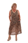 Mouwloze jurk v-hals print panter bruin