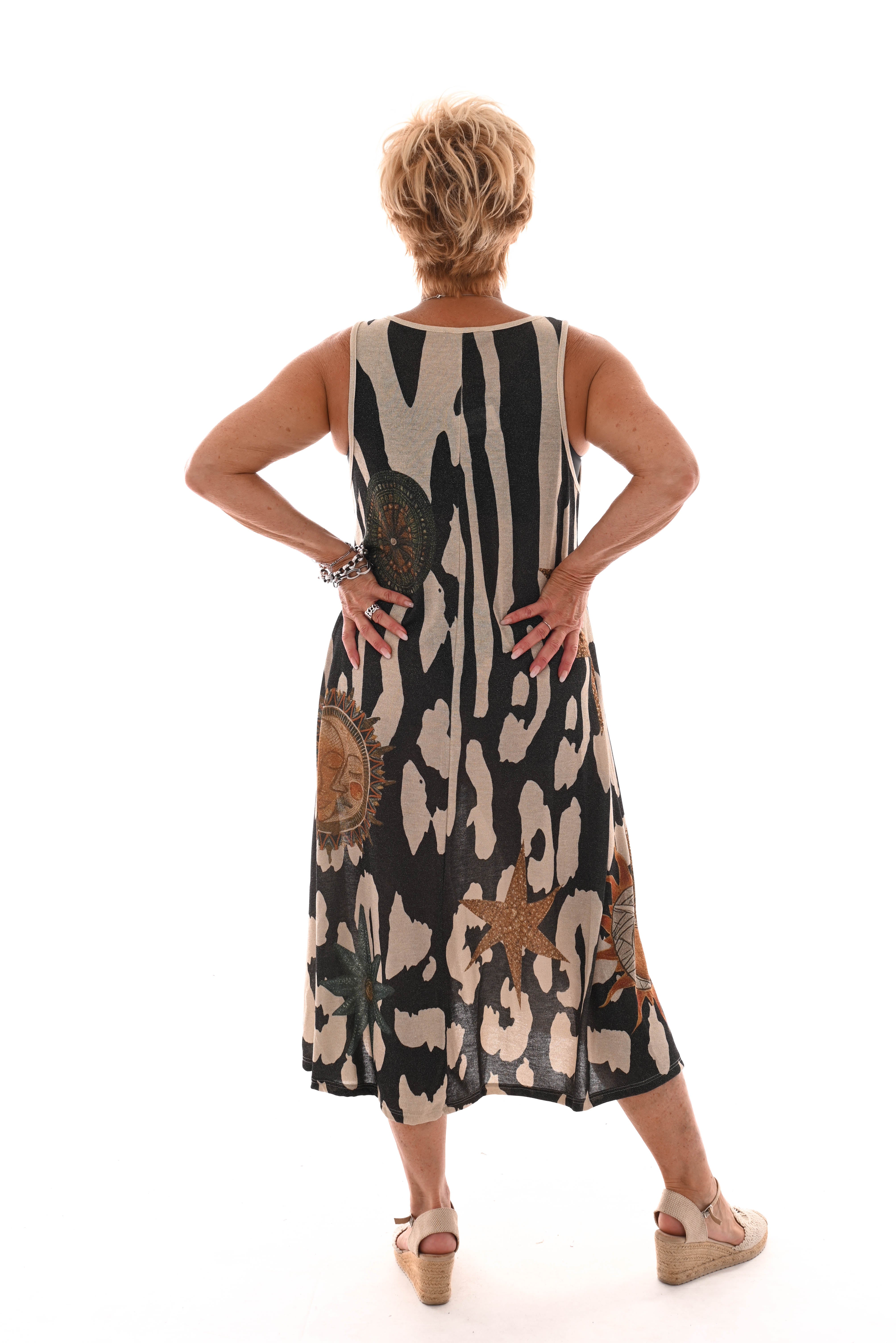 Mouwloze jurk v-hals print zon en ster zwart