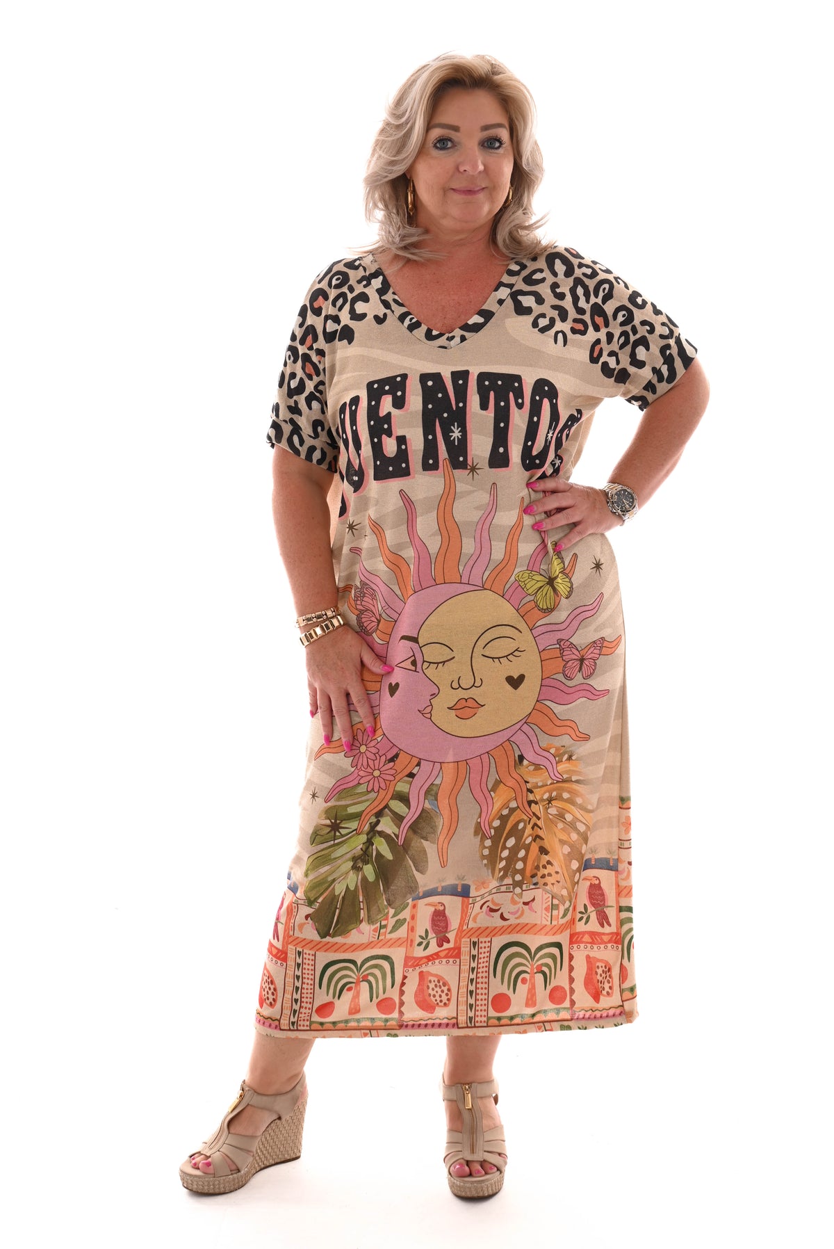 Jurk korte mouwen met zon 'Cuentos' beige