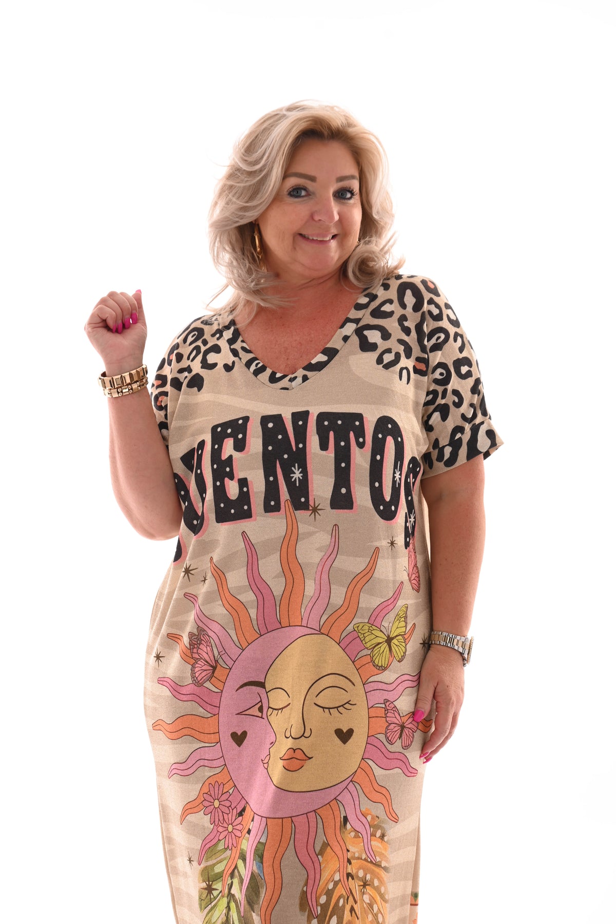 Jurk korte mouwen met zon 'Cuentos' beige