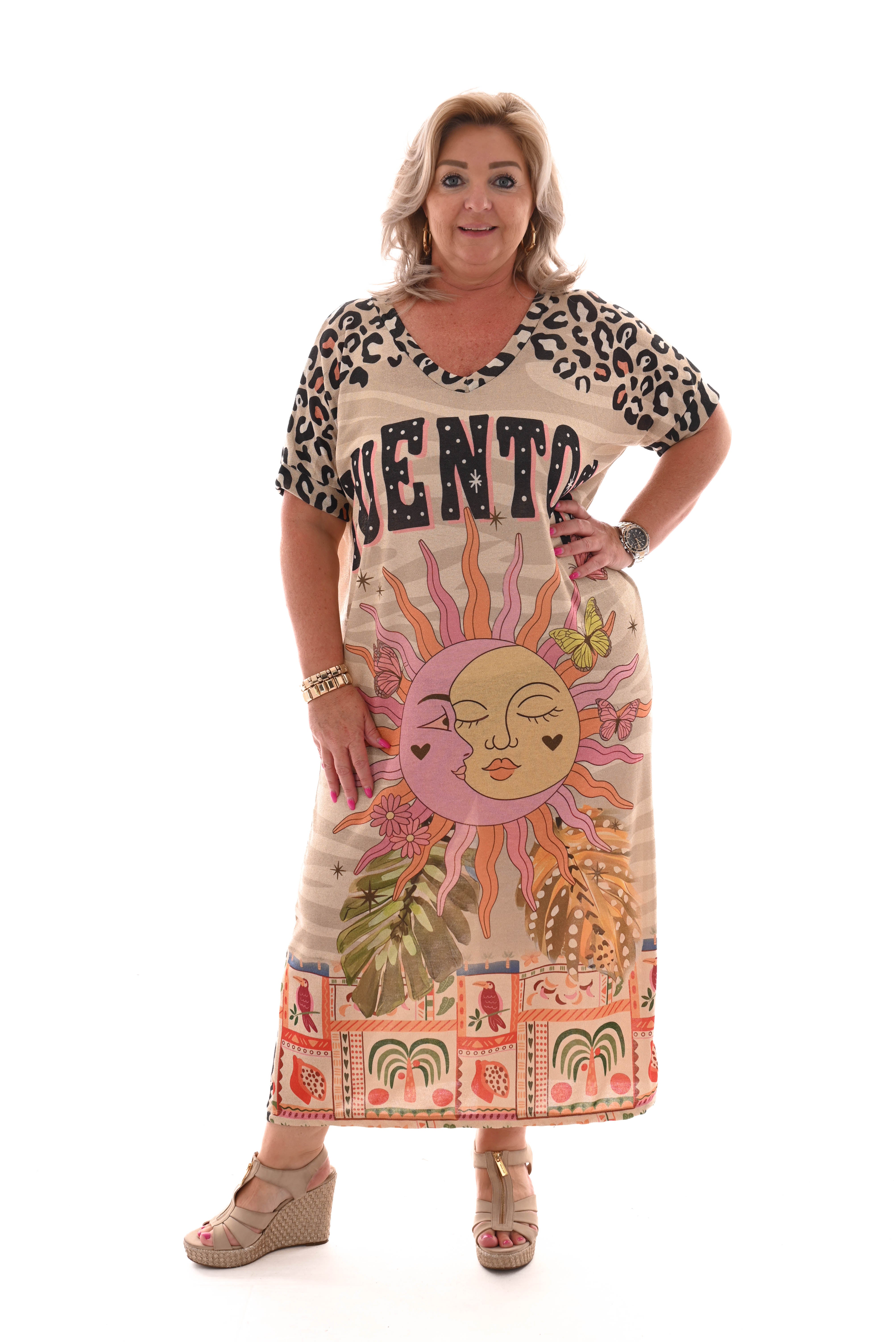 Jurk korte mouwen met zon 'Cuentos' beige