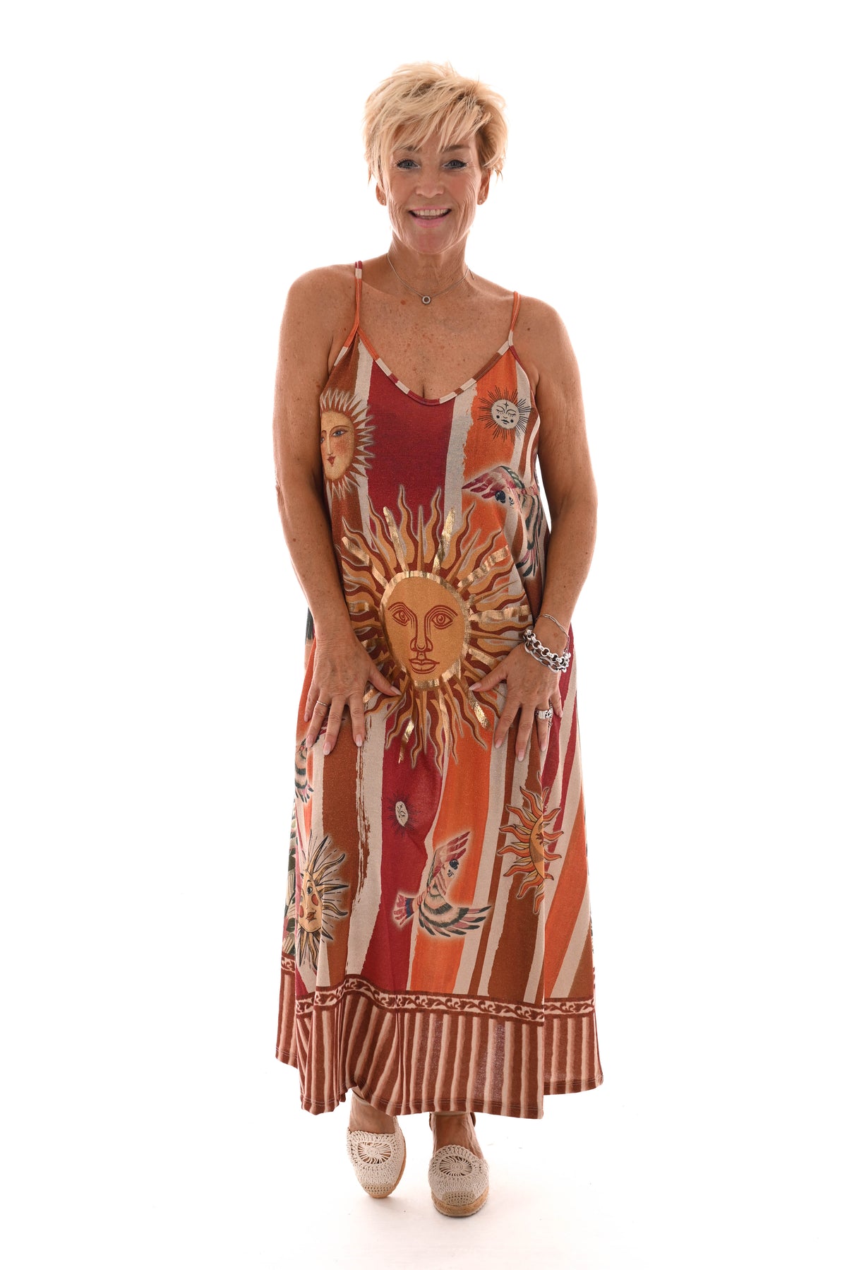Jurk spaghetti bandjes met zon rood/creme