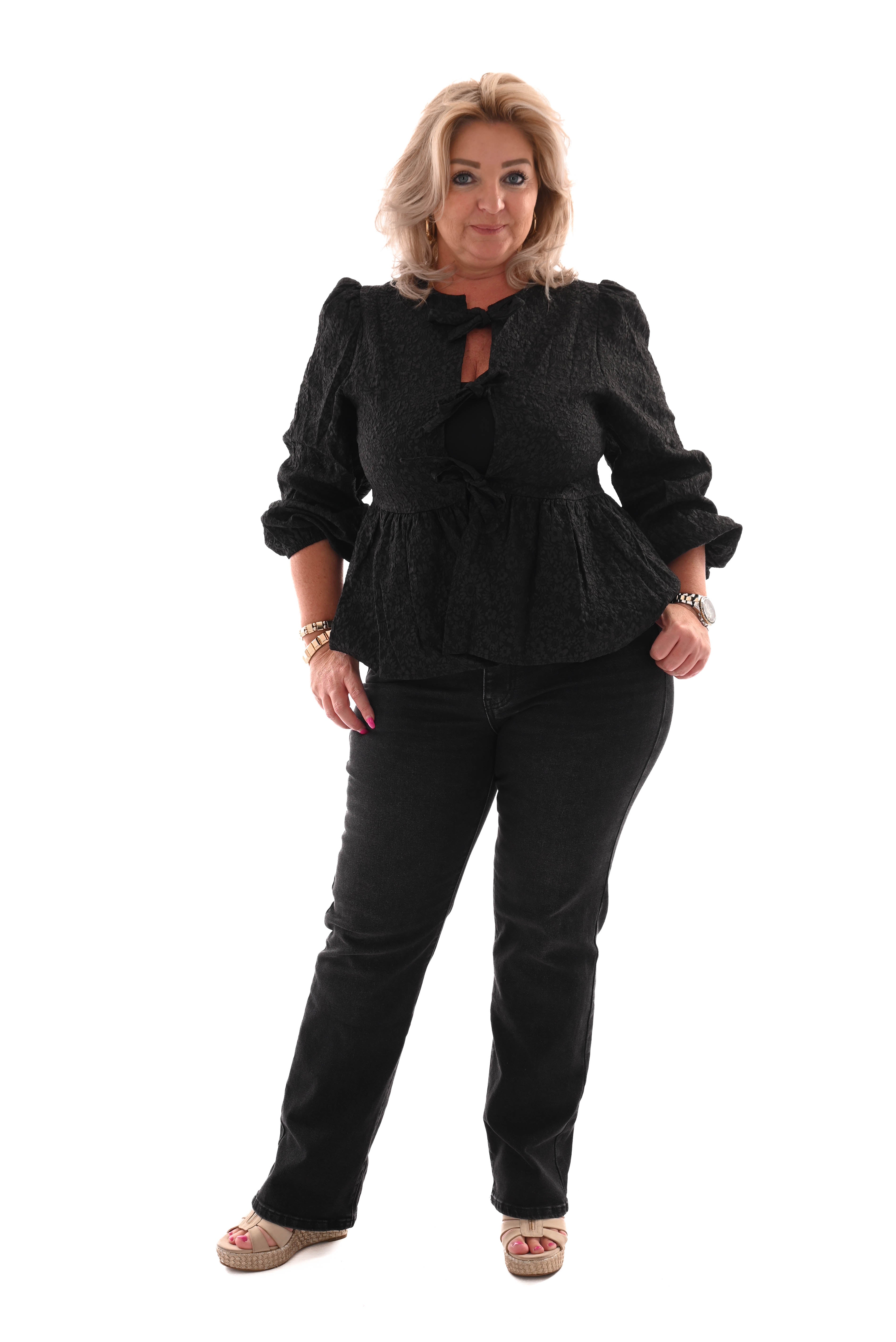 Strik blouse bloemen wijde uitloop zwart