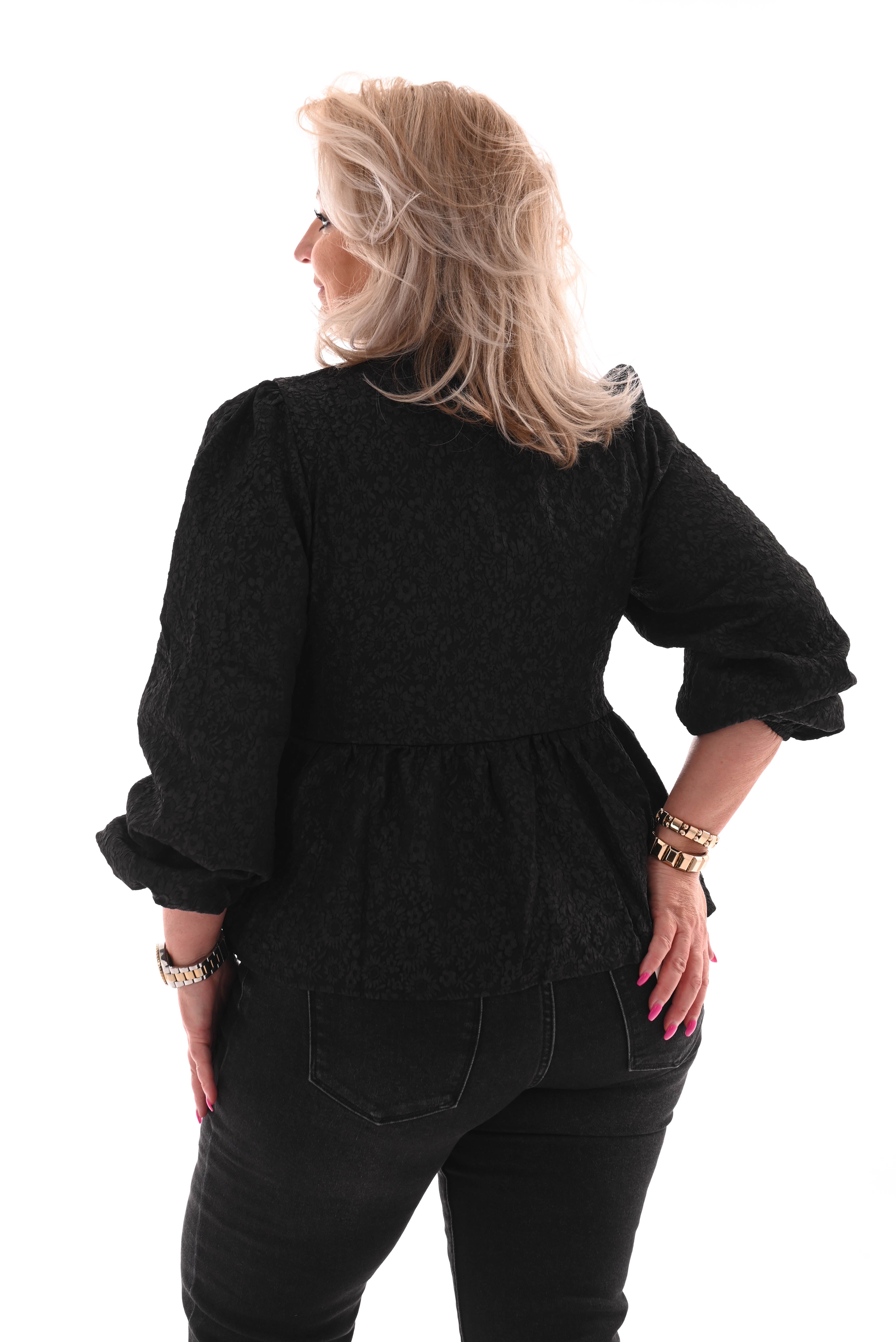 Strik blouse bloemen wijde uitloop zwart