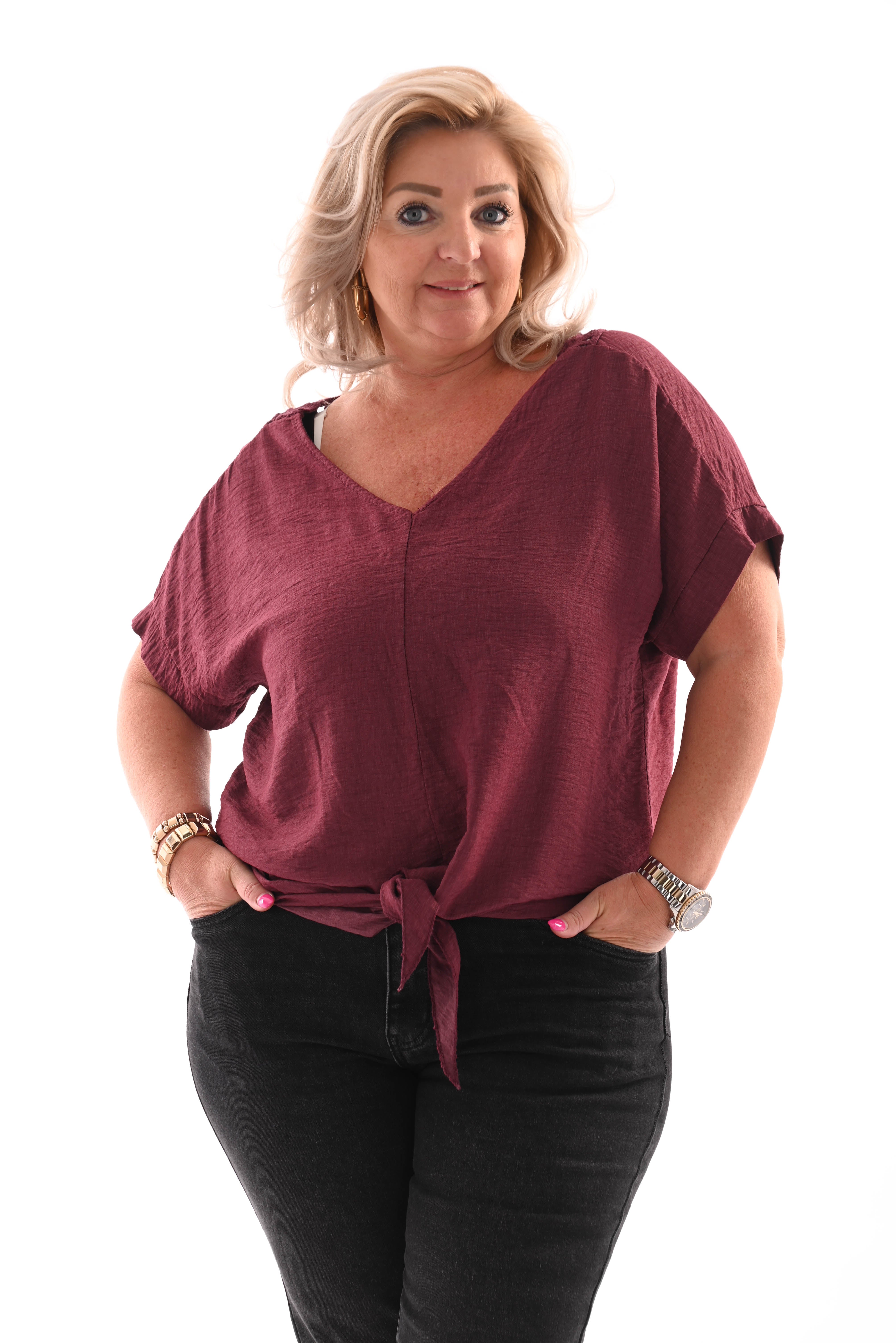 Top gehaakte rug met knoop bordeaux
