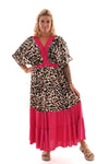 Lange panterjurk v-hals fuchsia