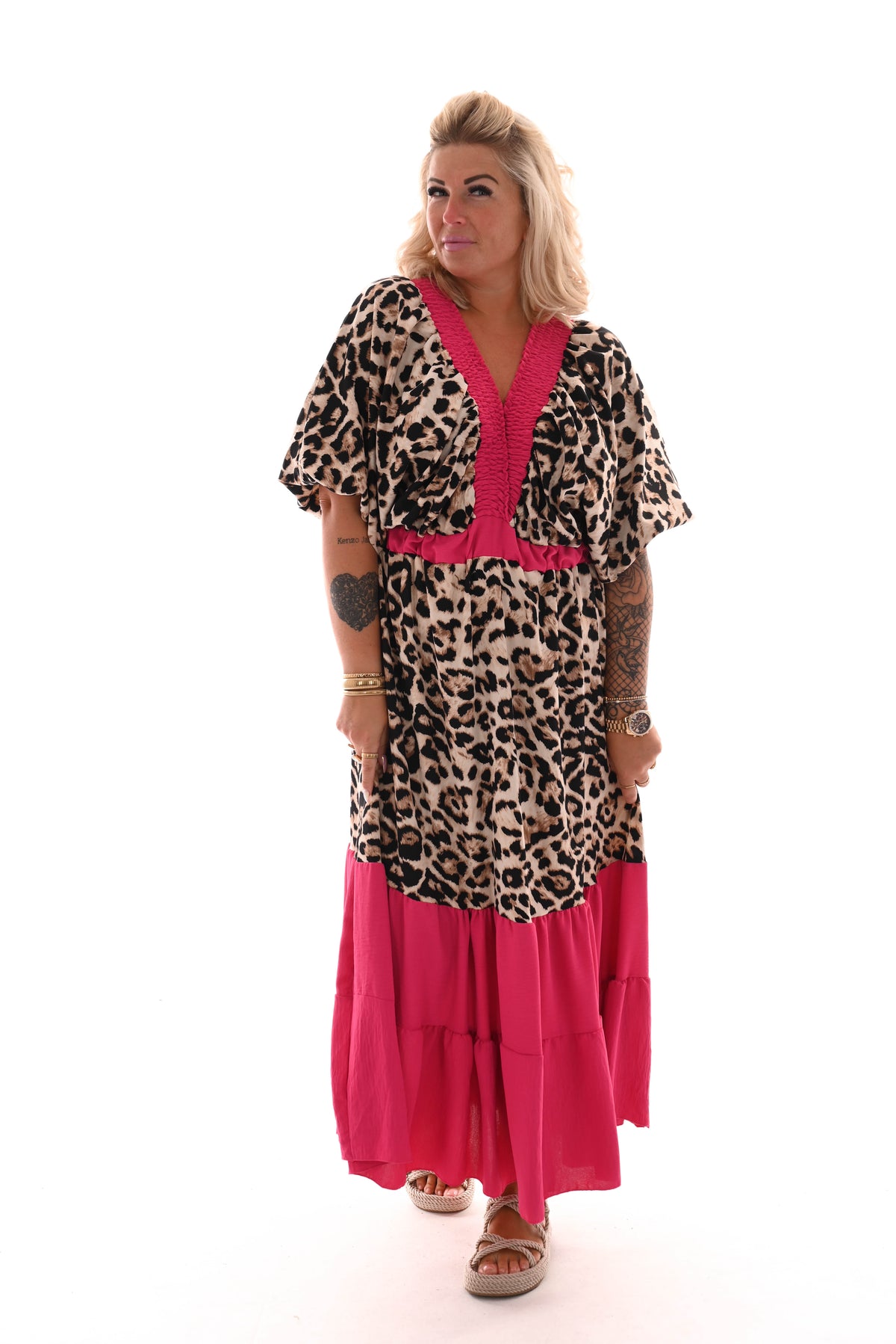 Lange panterjurk v-hals fuchsia