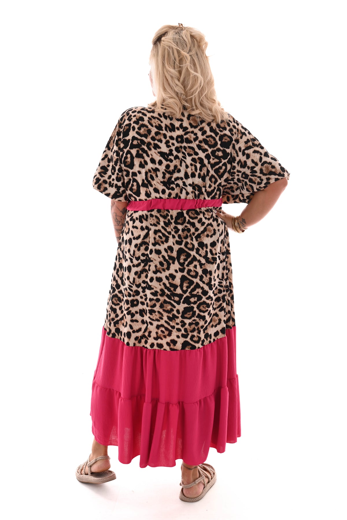Lange panterjurk v-hals fuchsia