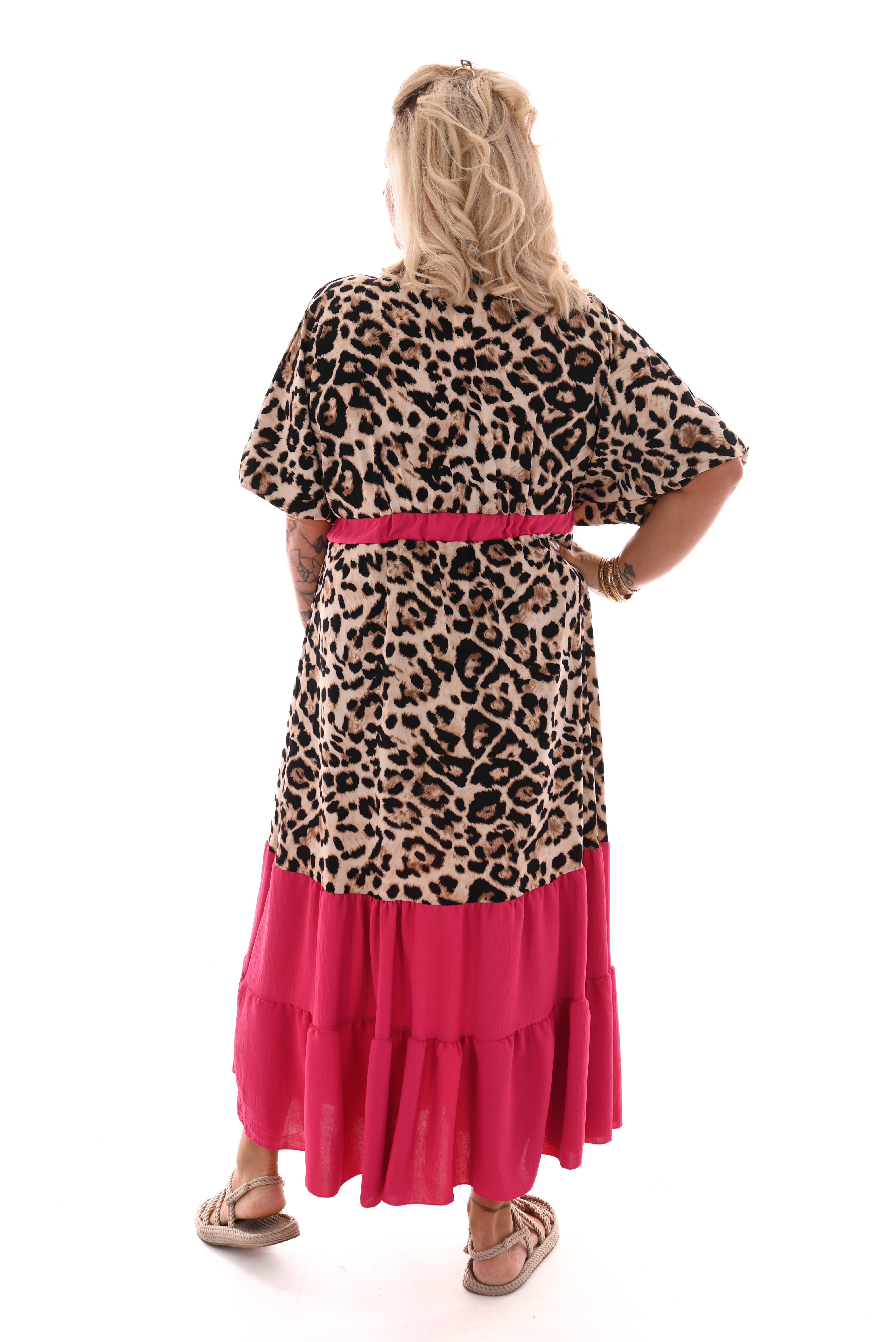 Lange panterjurk v-hals fuchsia