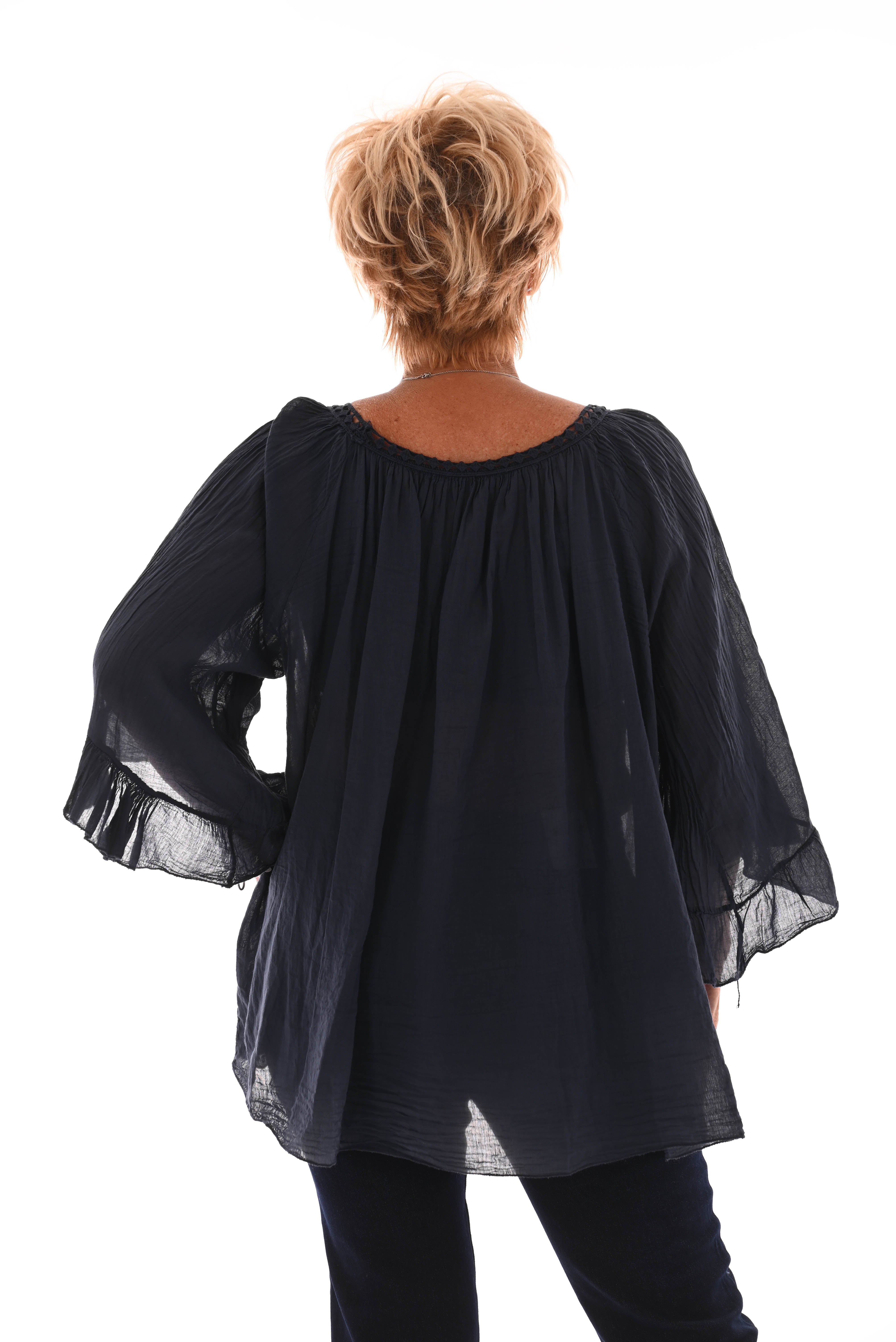 Top gehaakte rand trompetmouwen marineblauw