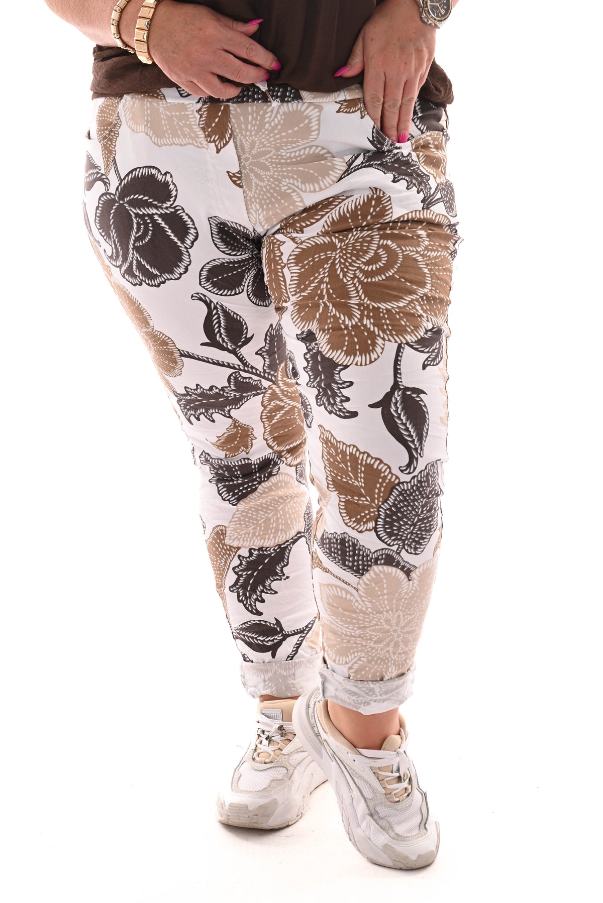 Stretchbroek bloemen wit/bruin