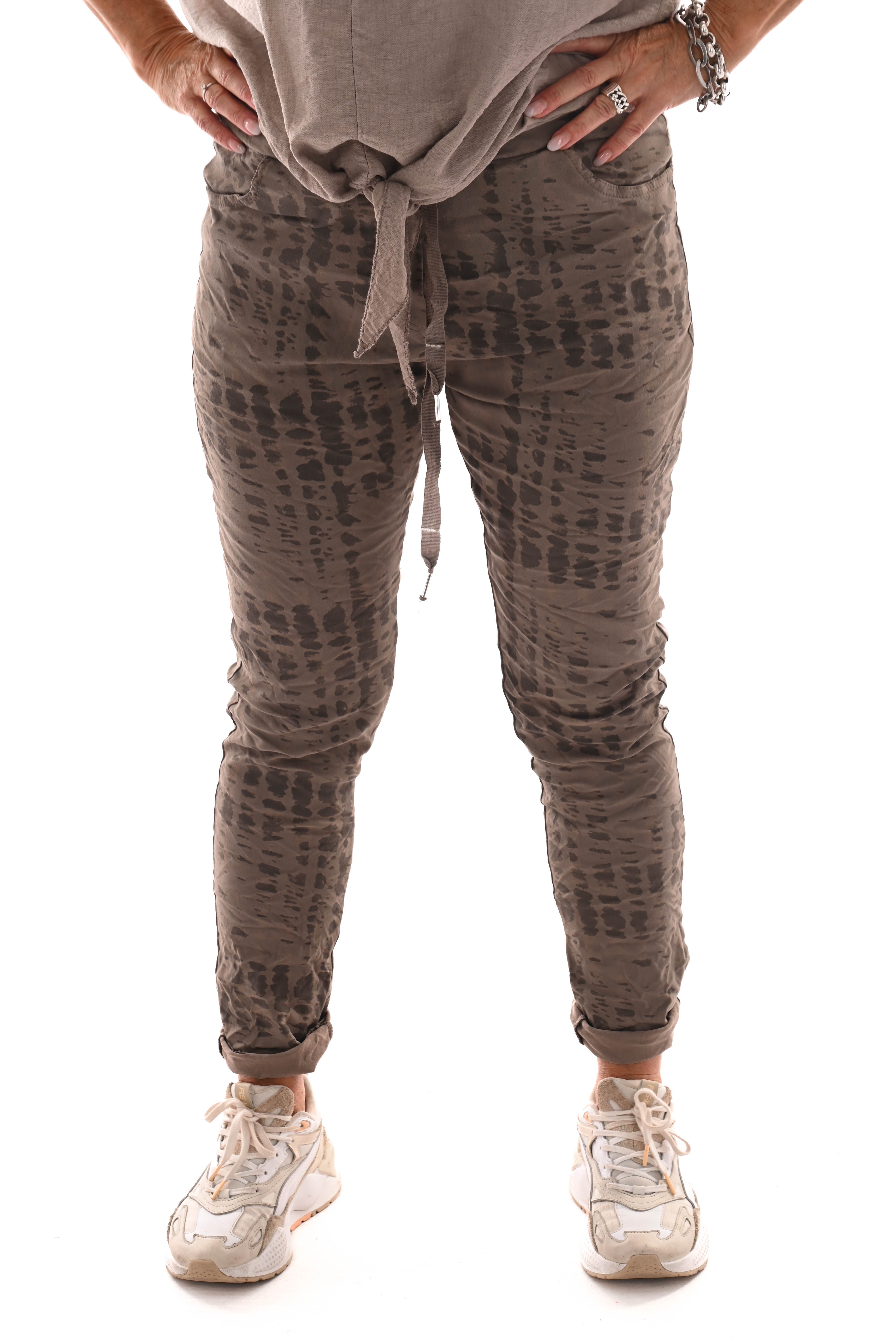 Stretchbroek panter en ruit bruin
