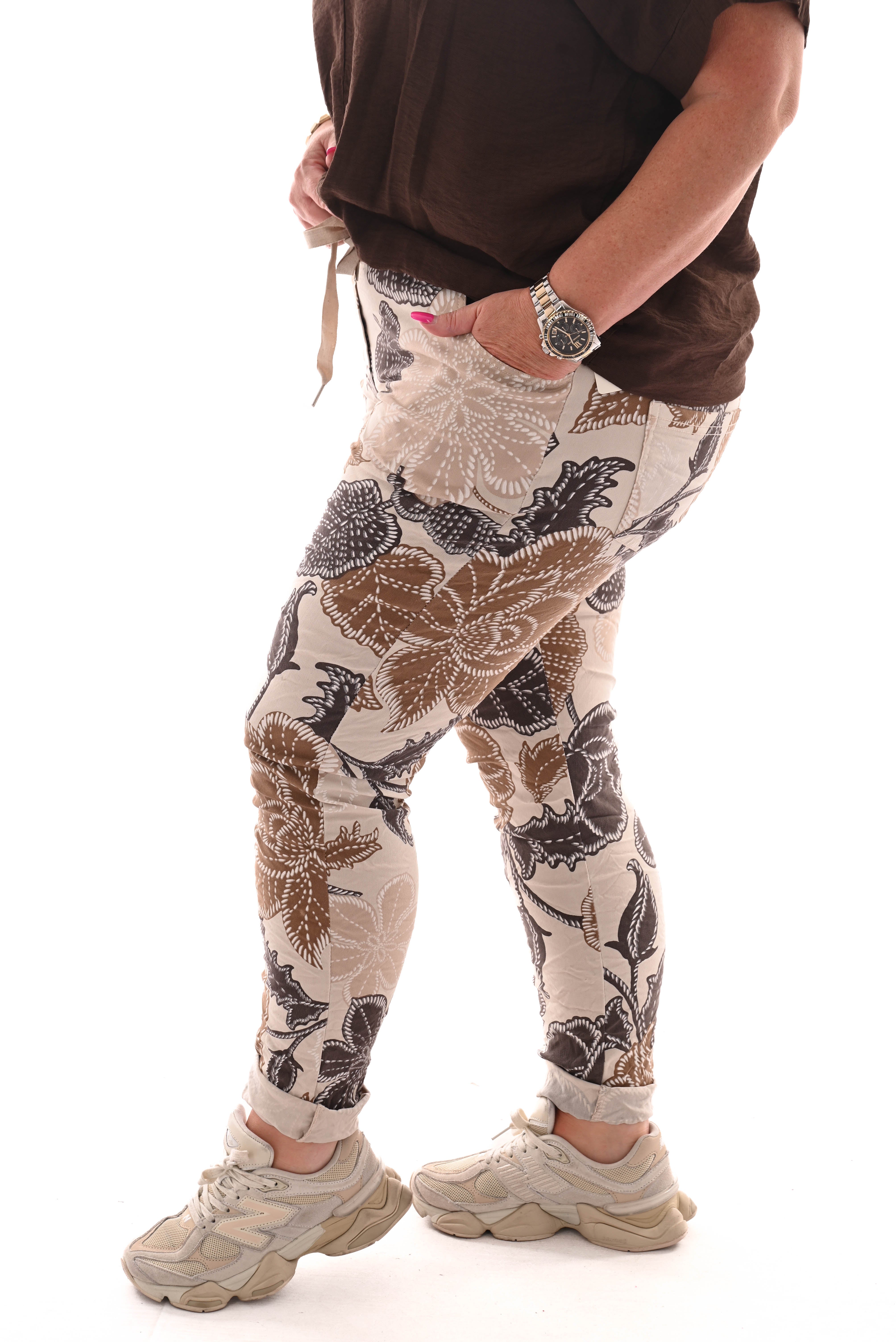 Stretchbroek bloemen beige/bruin