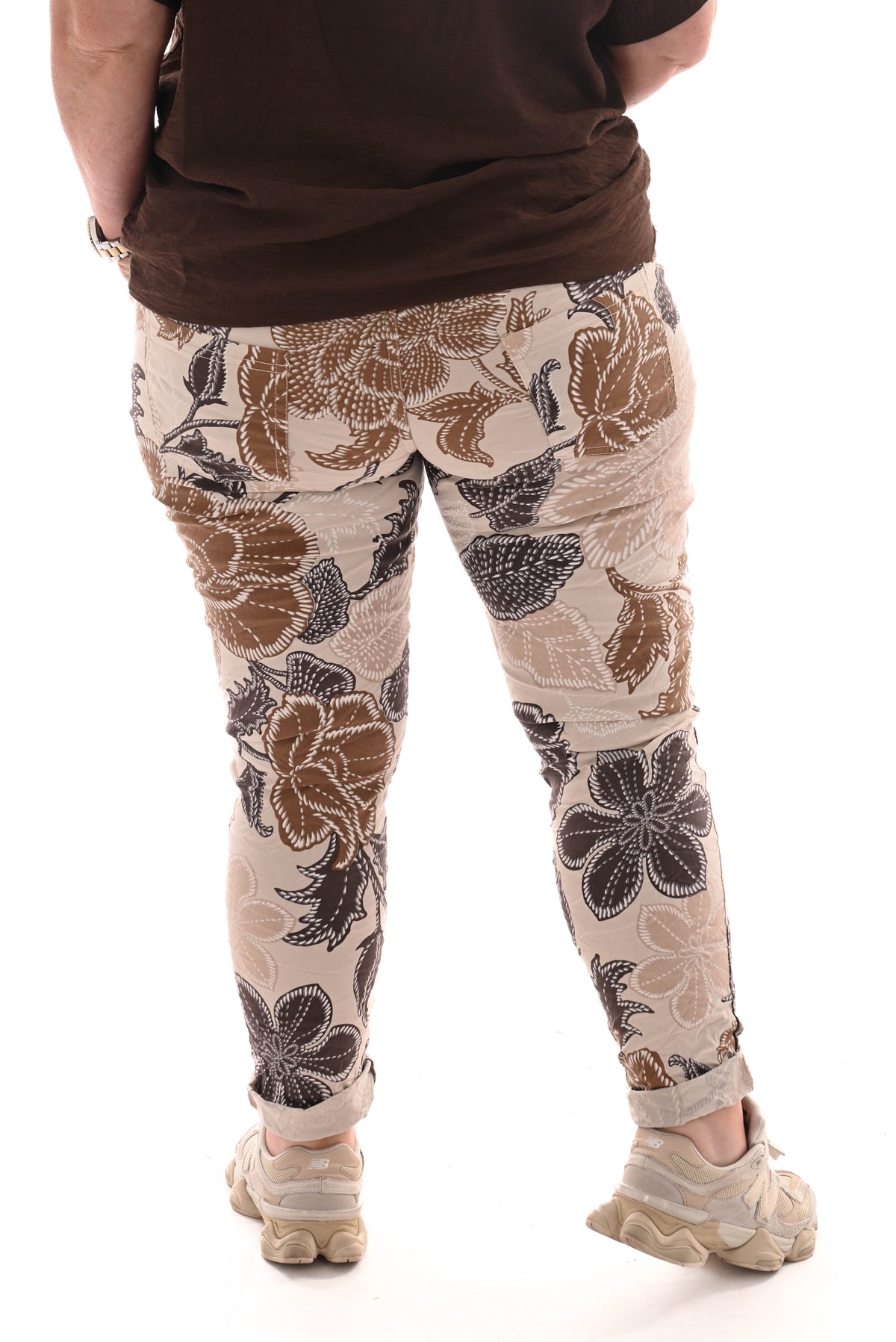 Stretchbroek bloemen beige/bruin