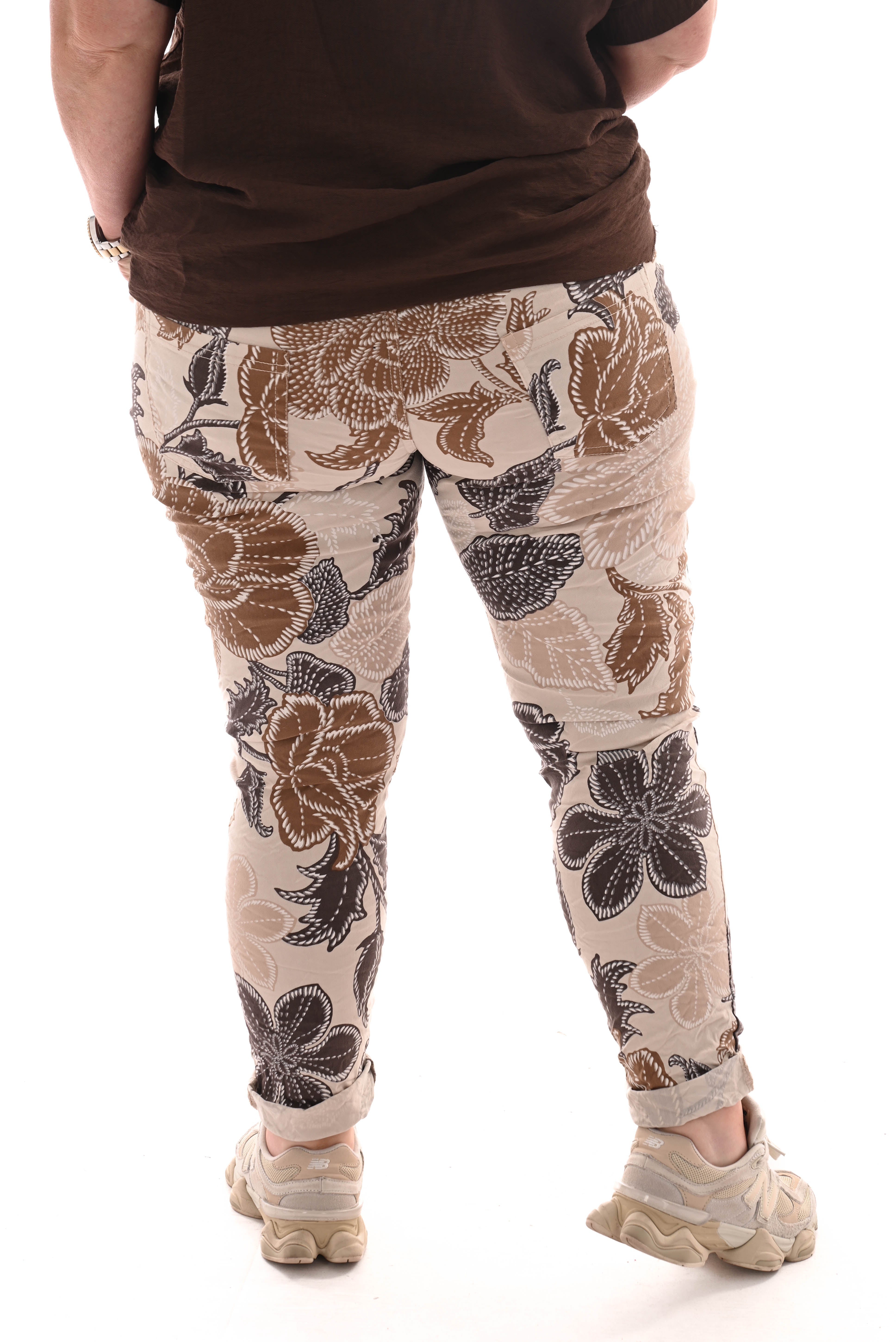 Stretchbroek bloemen beige/bruin