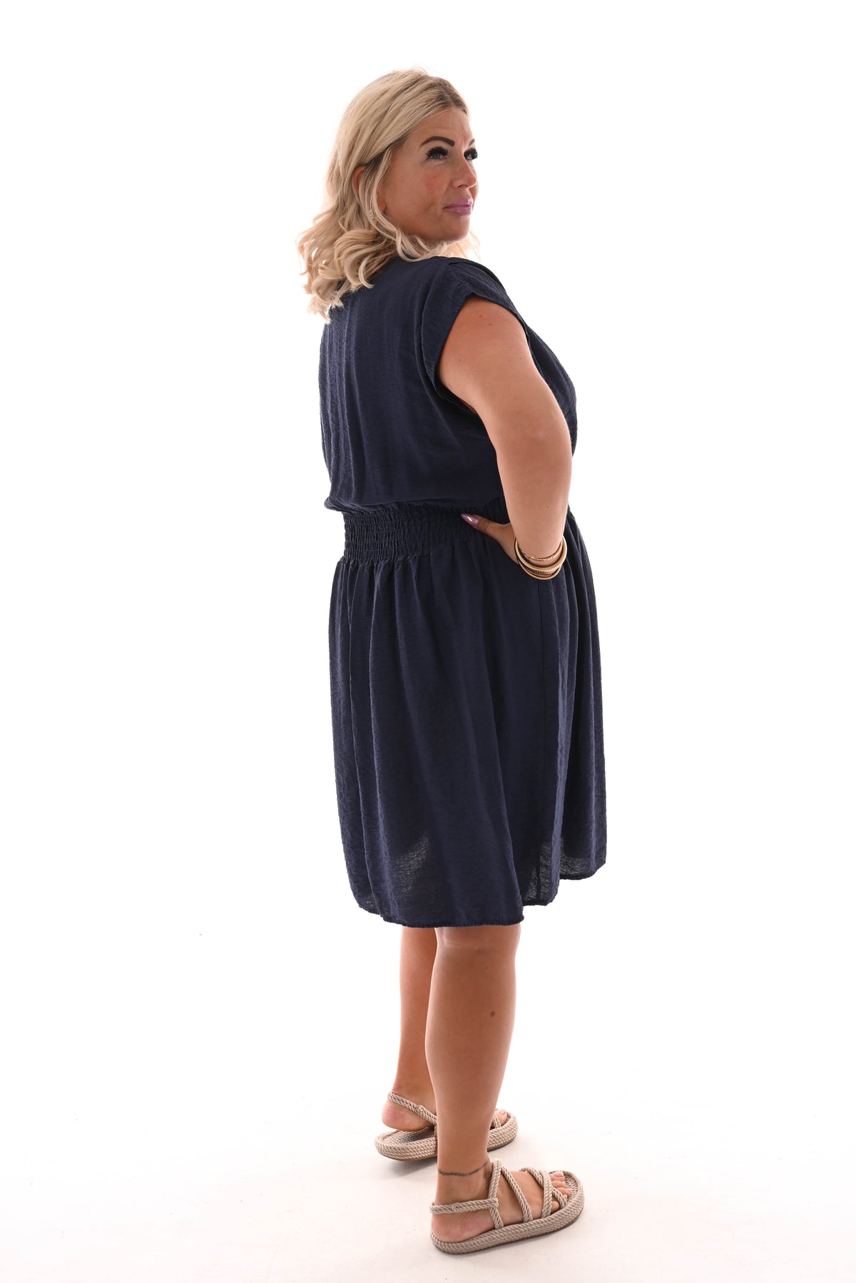 Jurk v-hals elastiek taille marine blauw