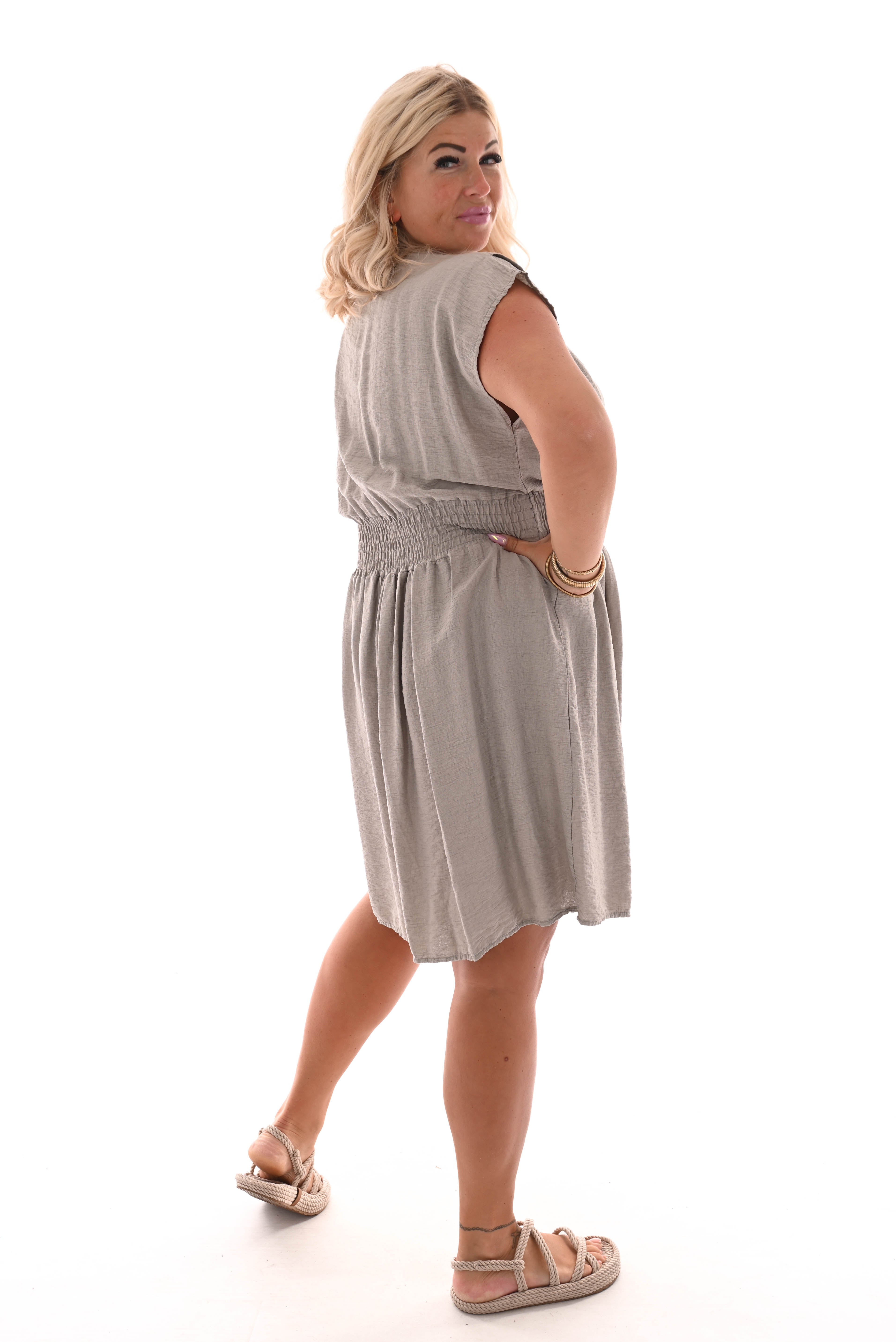 Jurk v-hals elastiek taille taupe