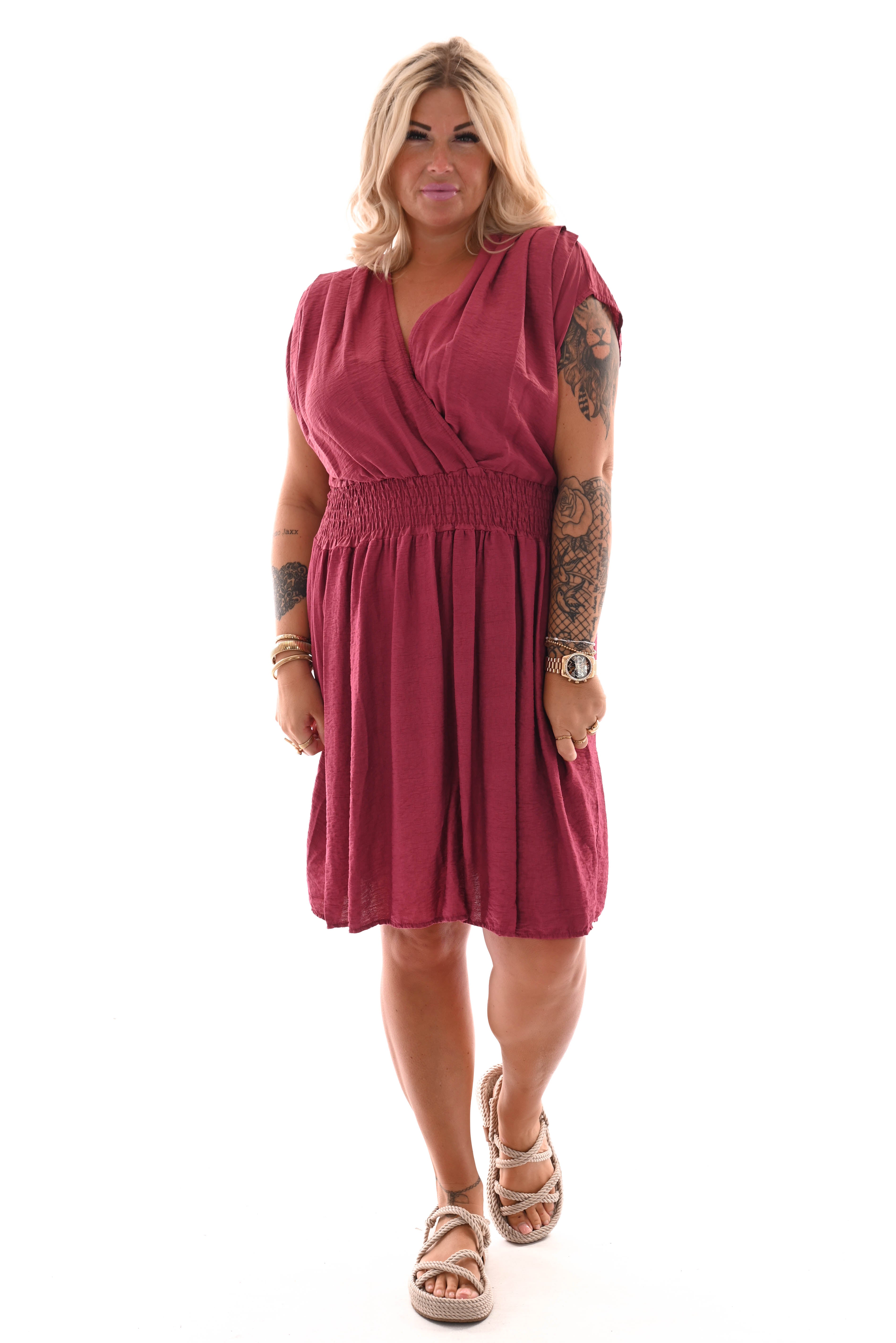 Jurk v-hals elastiek taille donkerroze