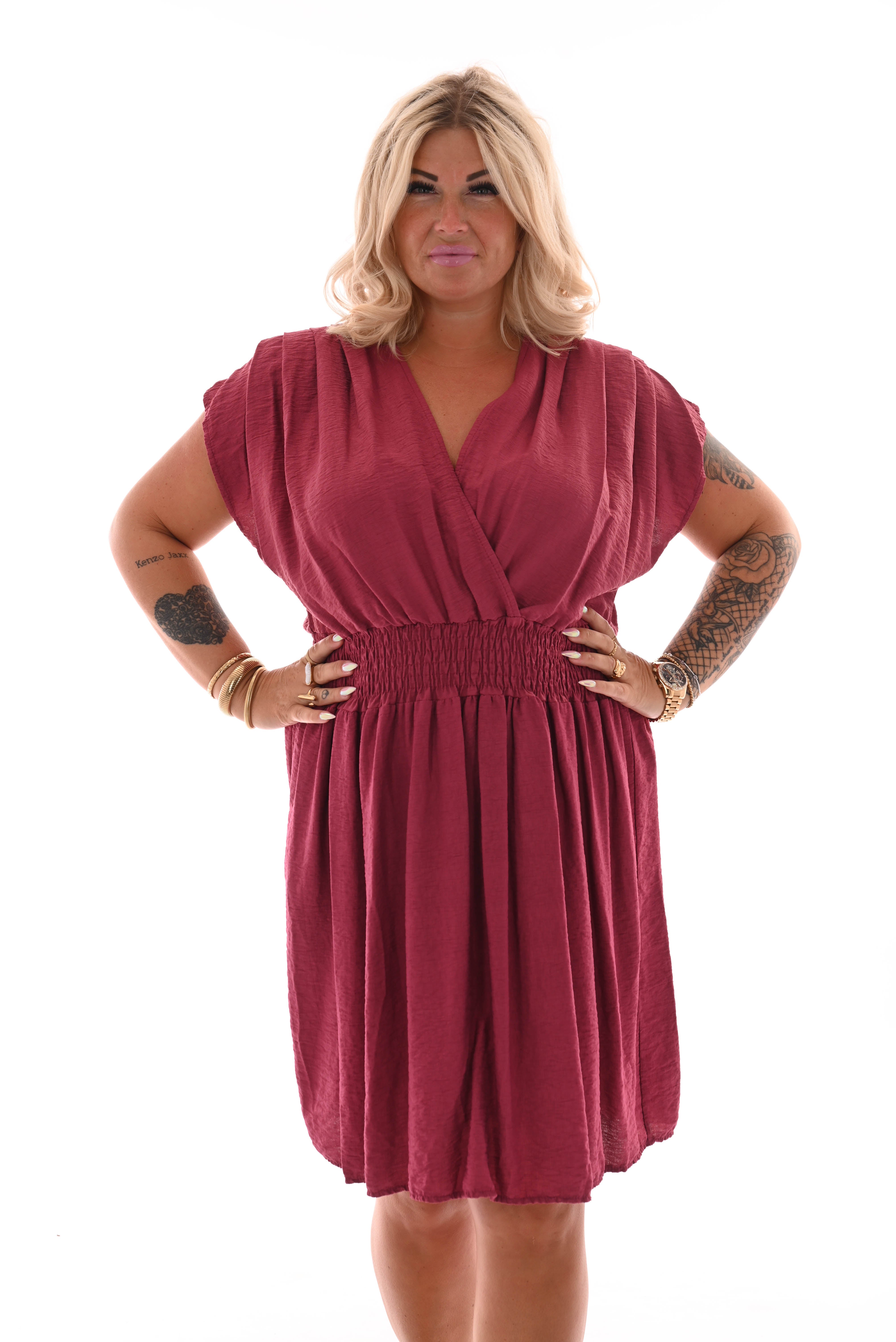 Jurk v-hals elastiek taille donkerroze