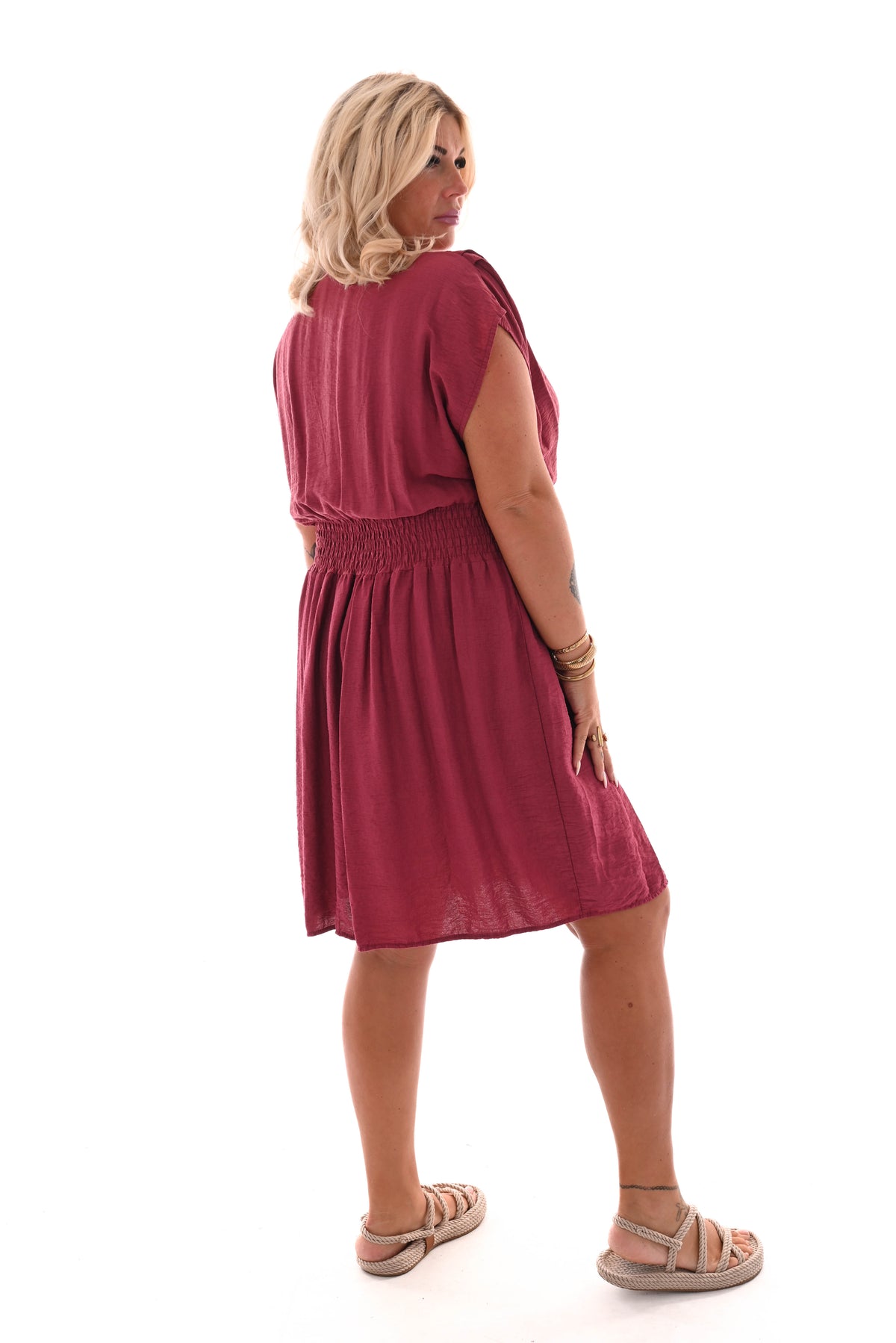 Jurk v-hals elastiek taille donkerroze