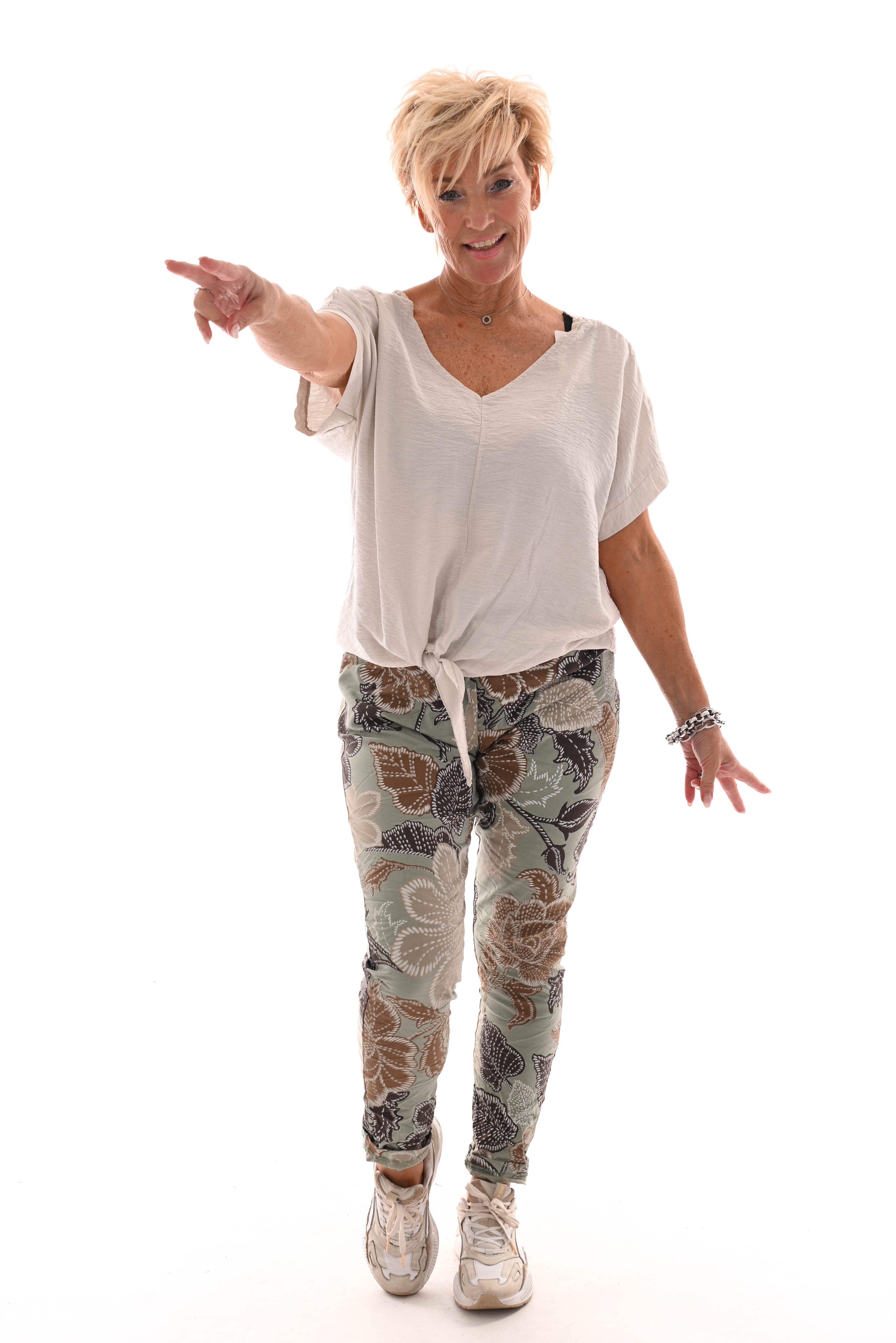 Stretchbroek bloemen groen/bruin