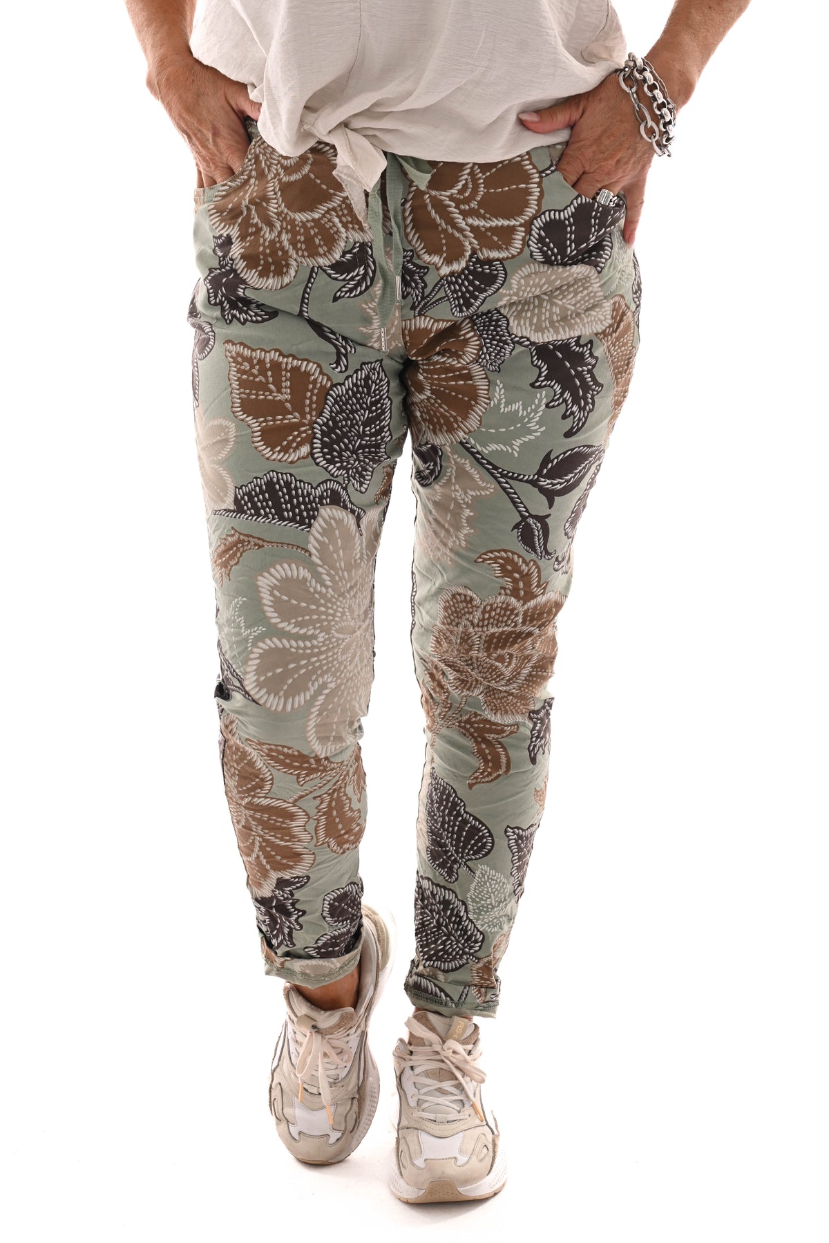 Stretchbroek bloemen groen/bruin