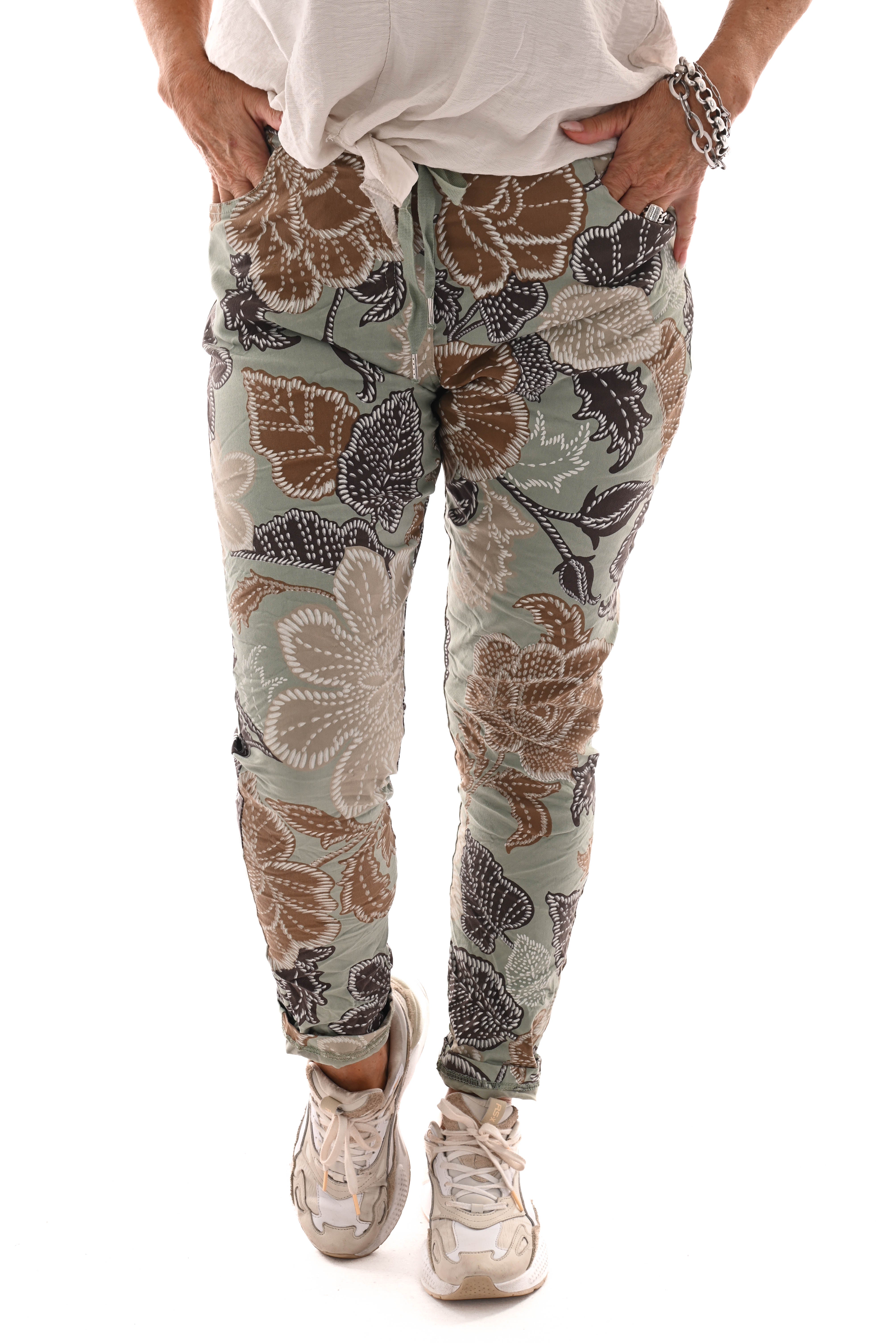 Stretchbroek bloemen groen/bruin