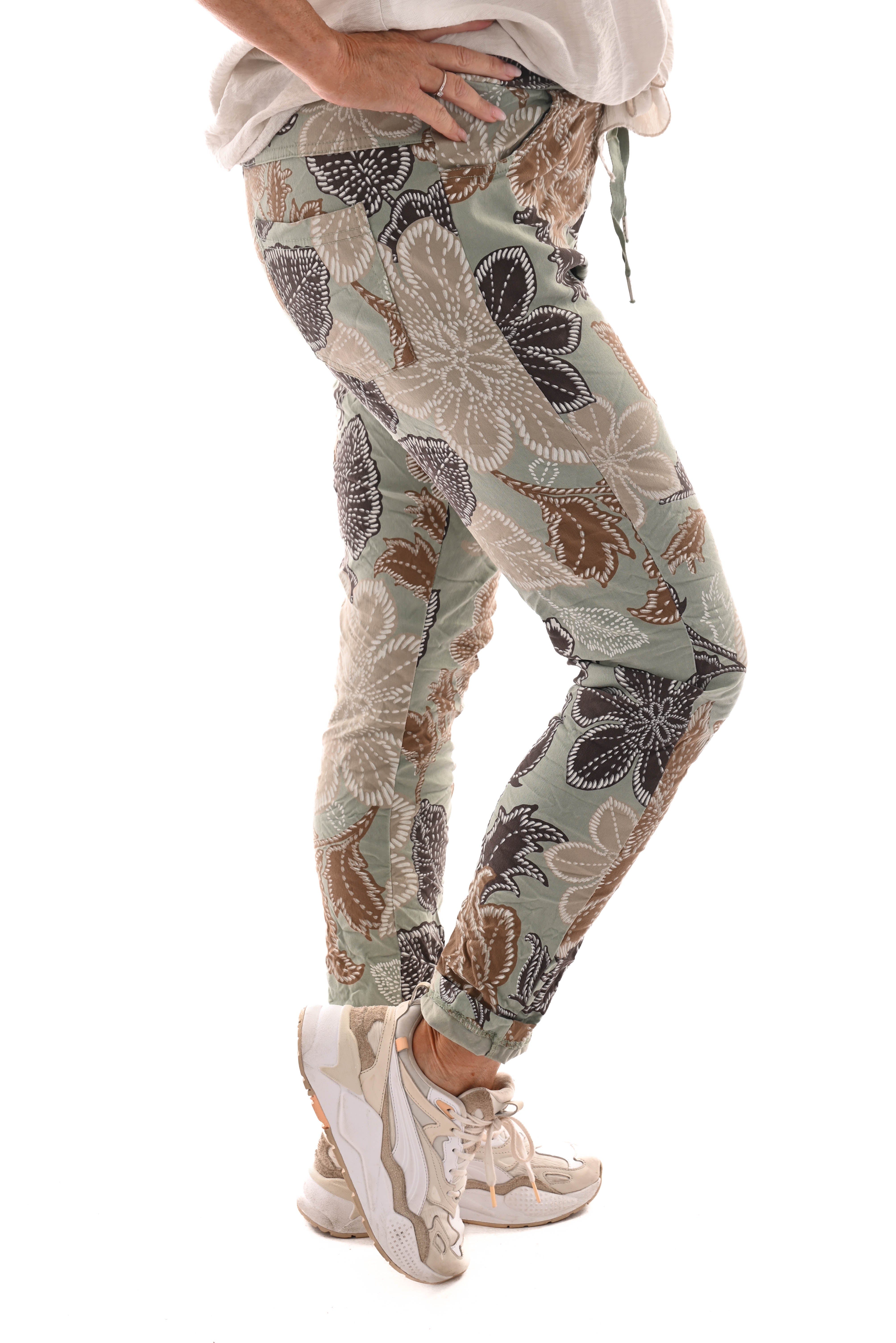 Stretchbroek bloemen groen/bruin