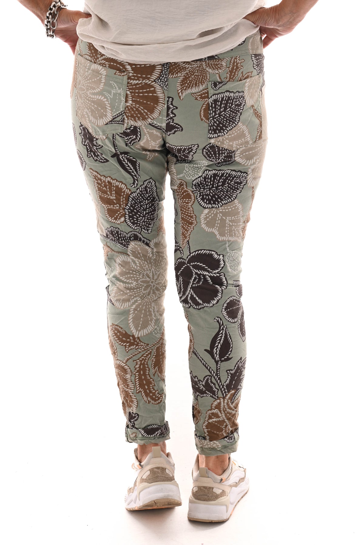 Stretchbroek bloemen groen/bruin