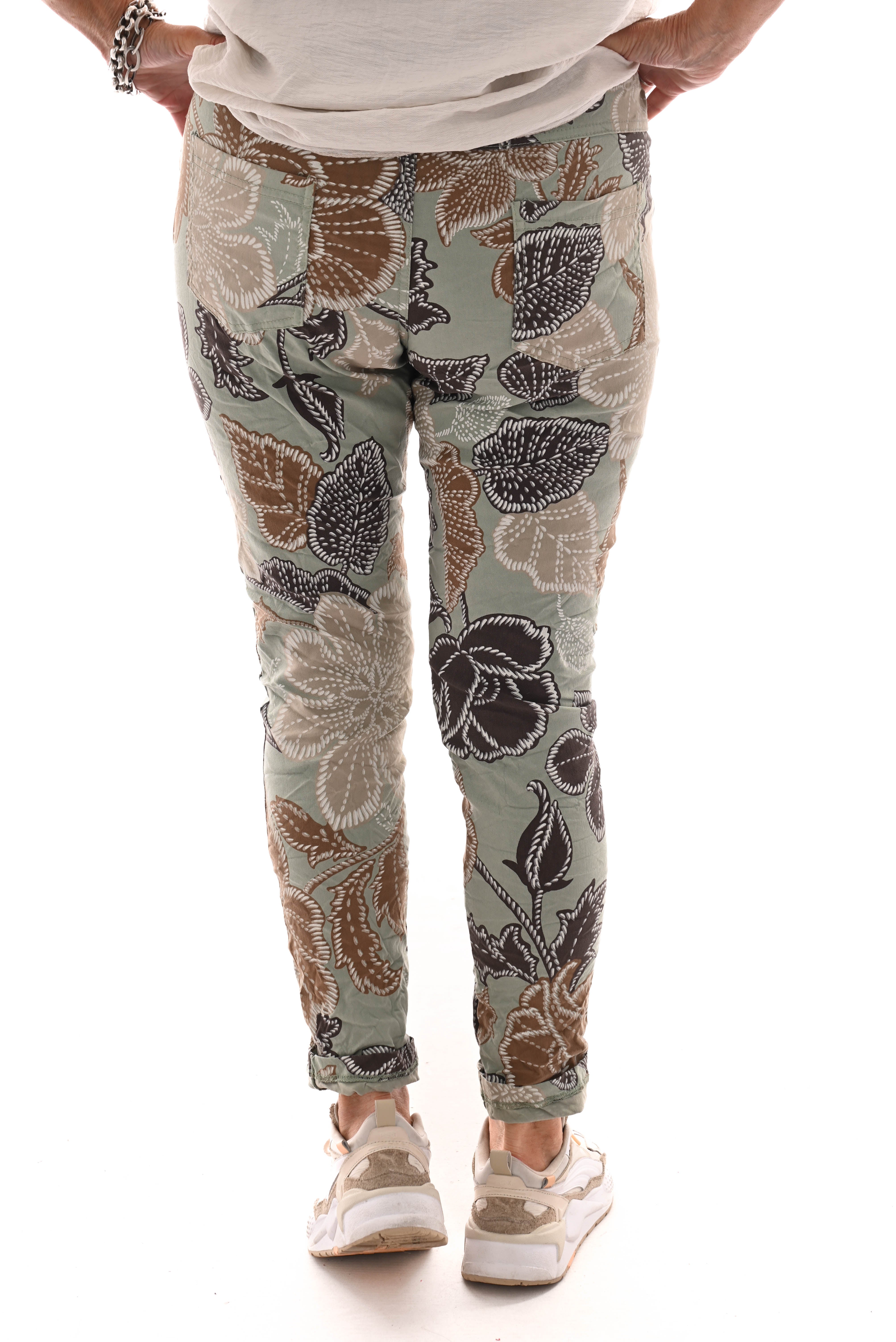 Stretchbroek bloemen groen/bruin