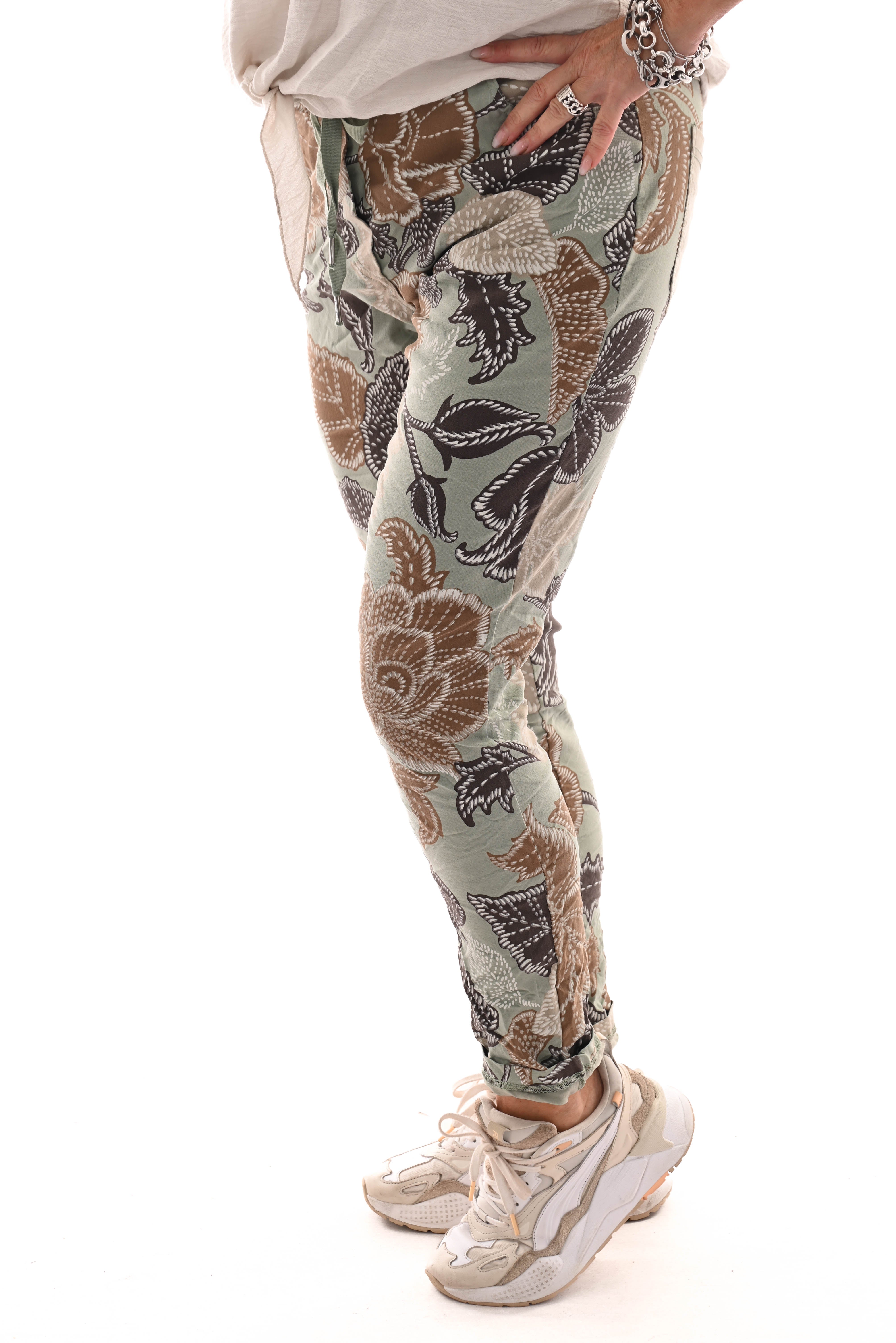 Stretchbroek bloemen groen/bruin