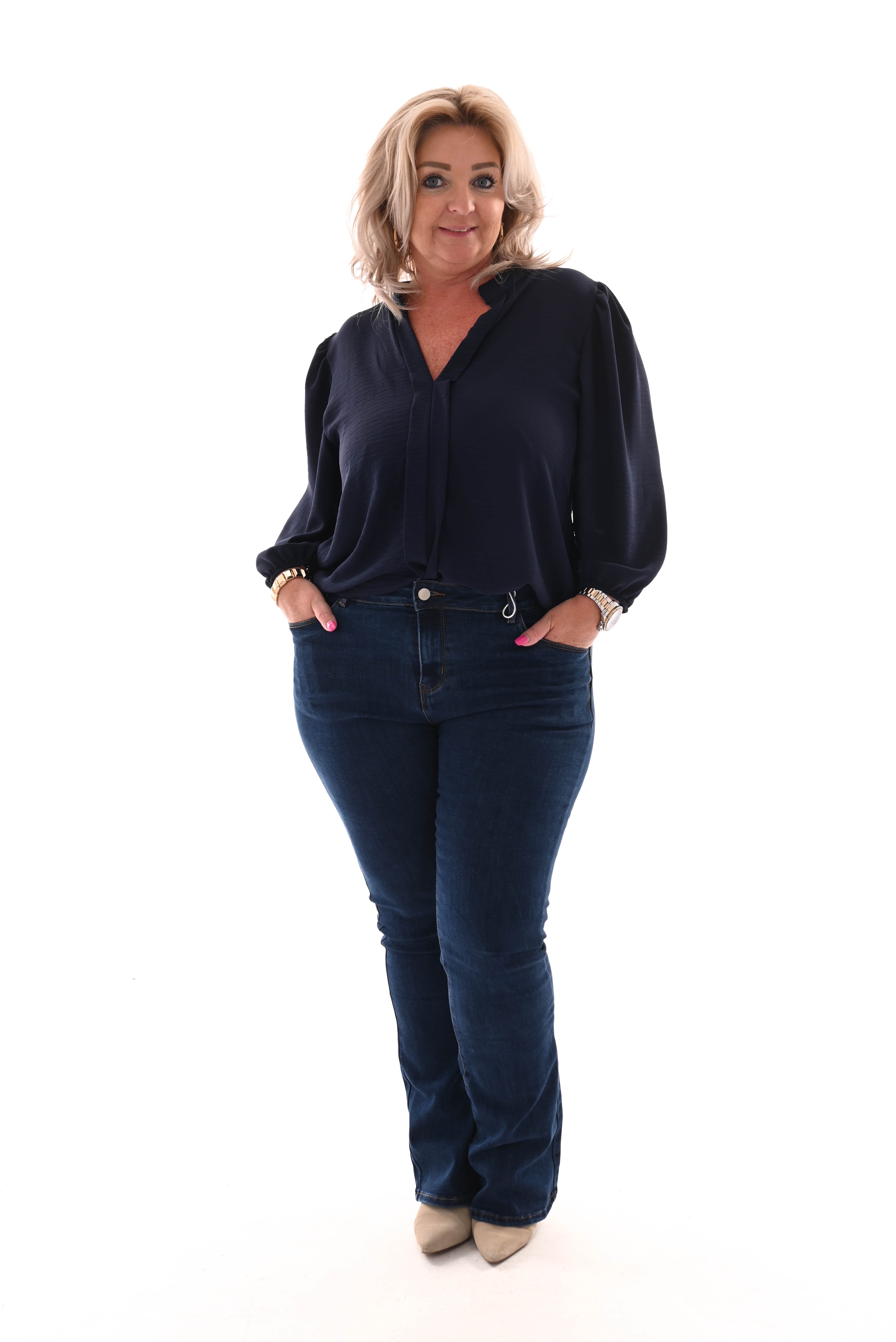 Top lange mouwen v-hals uni marineblauw