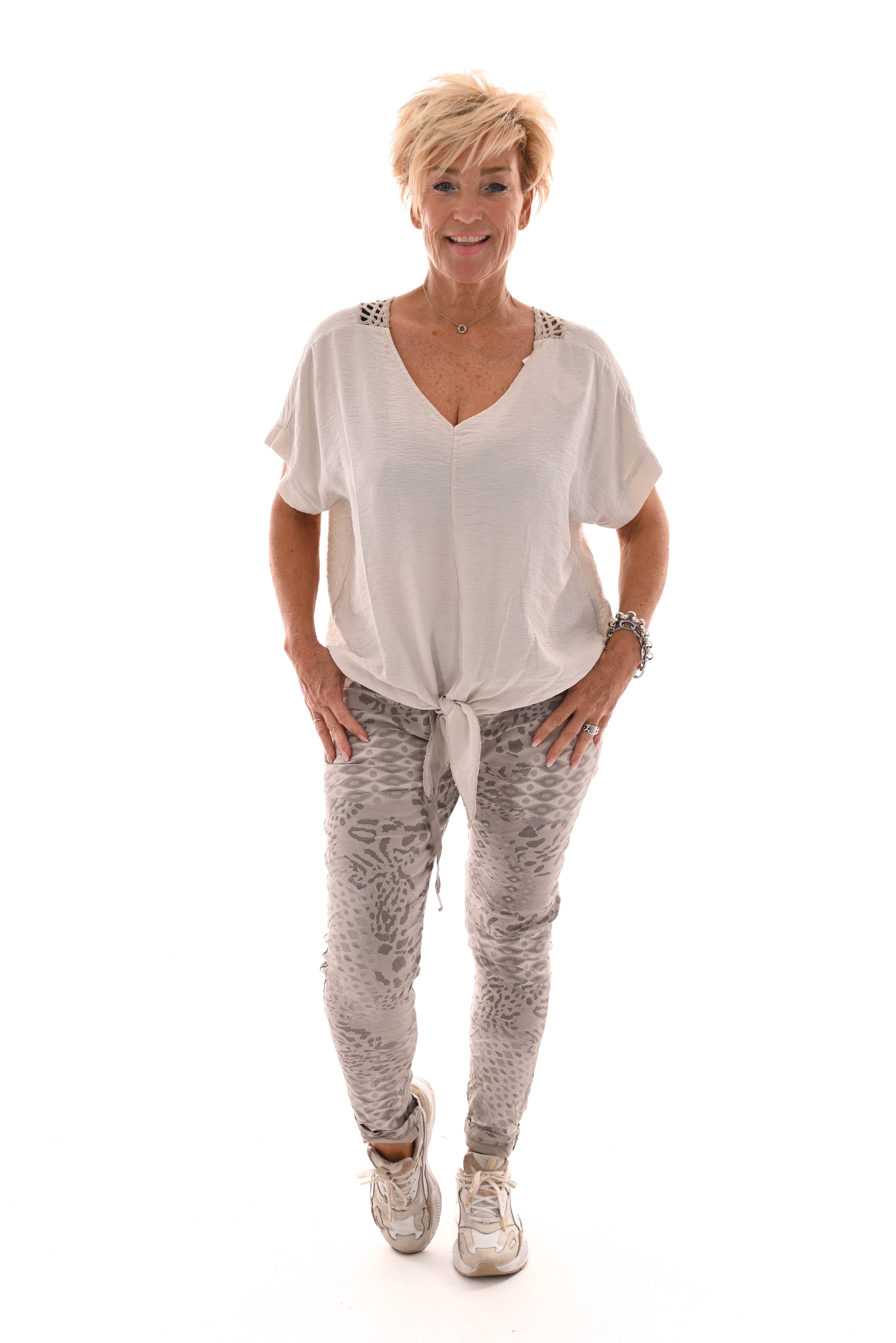 Stretchbroek panter en ruit beige