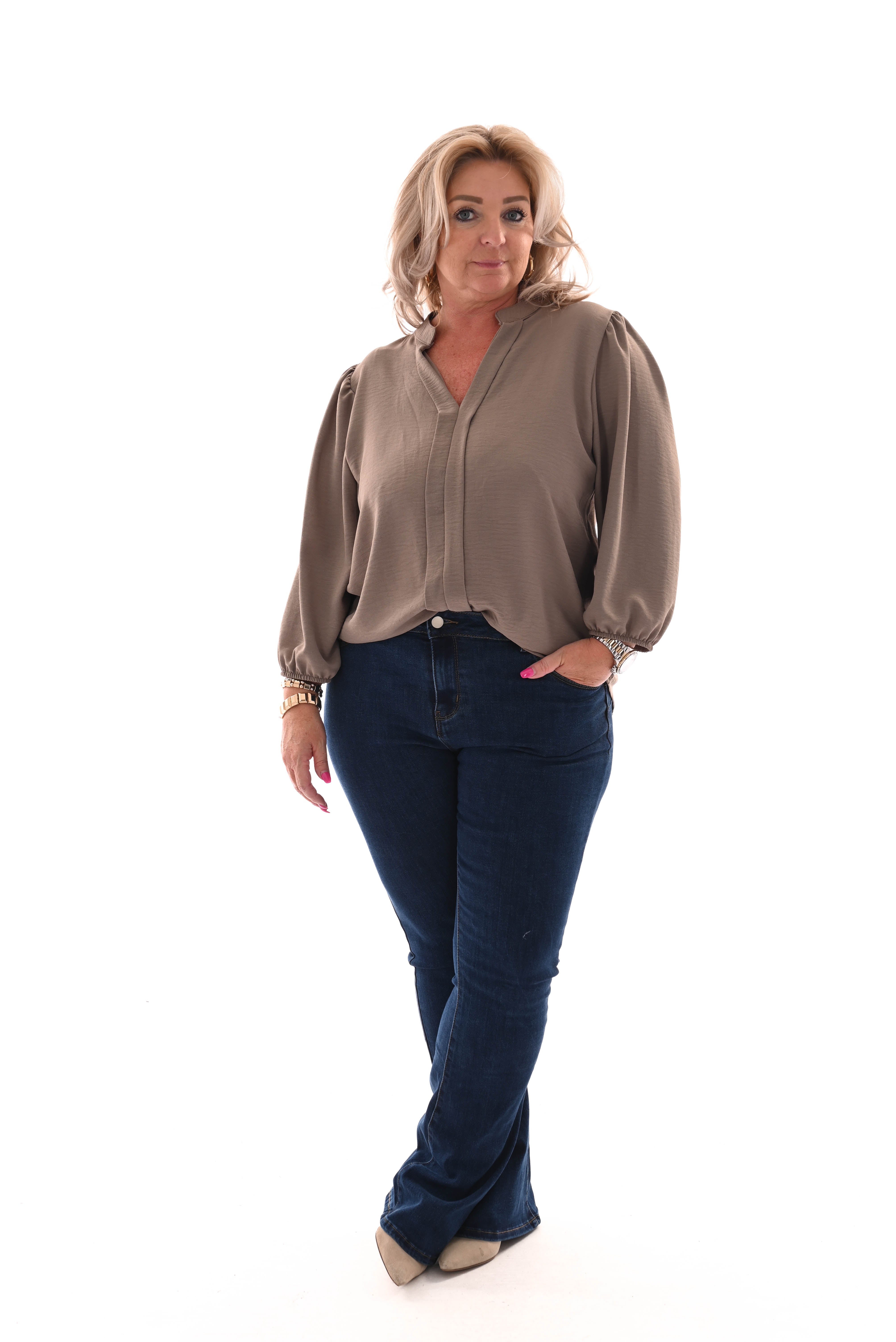 Top lange mouwen v-hals uni taupe