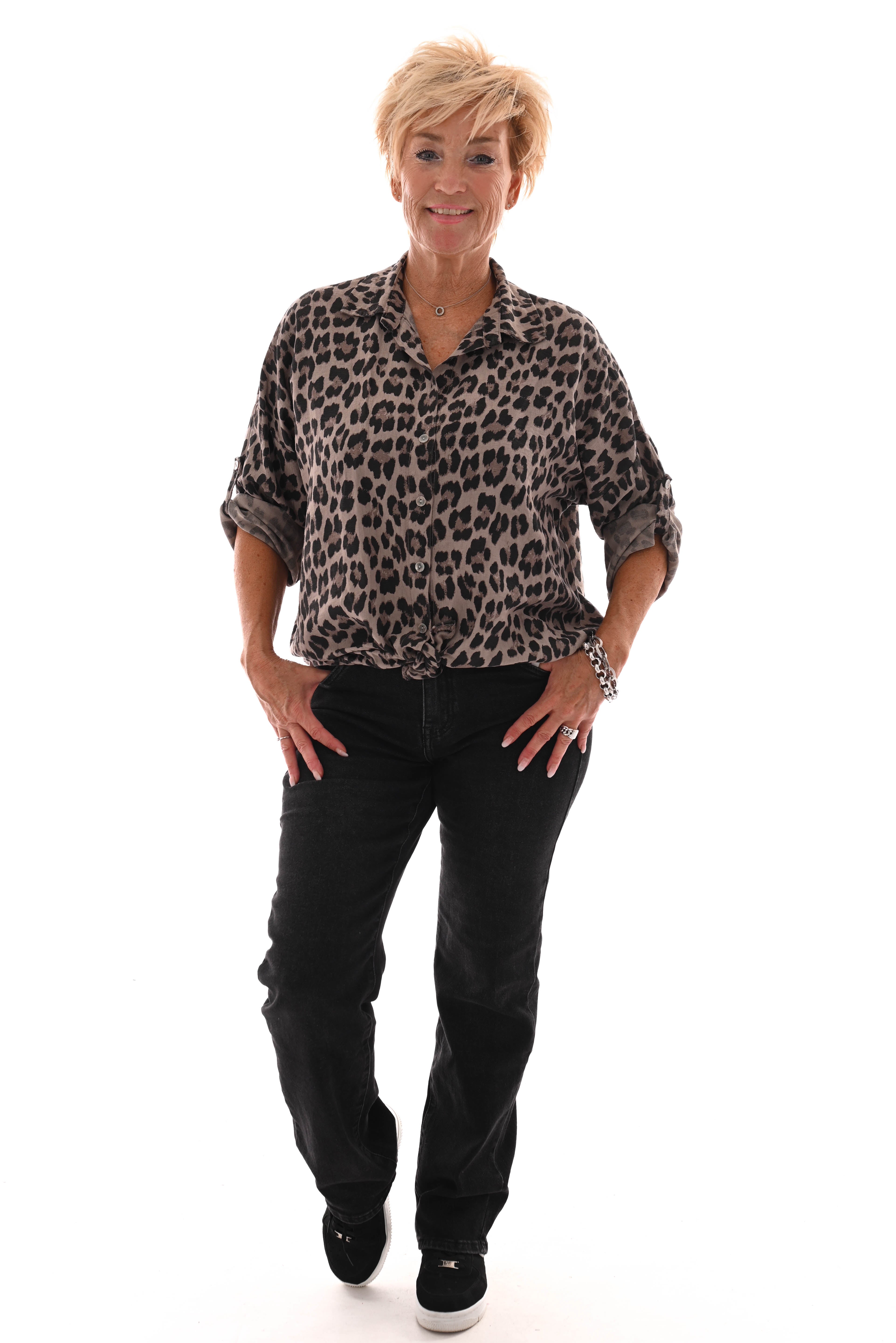 Panterprint blouse met knoop taupe