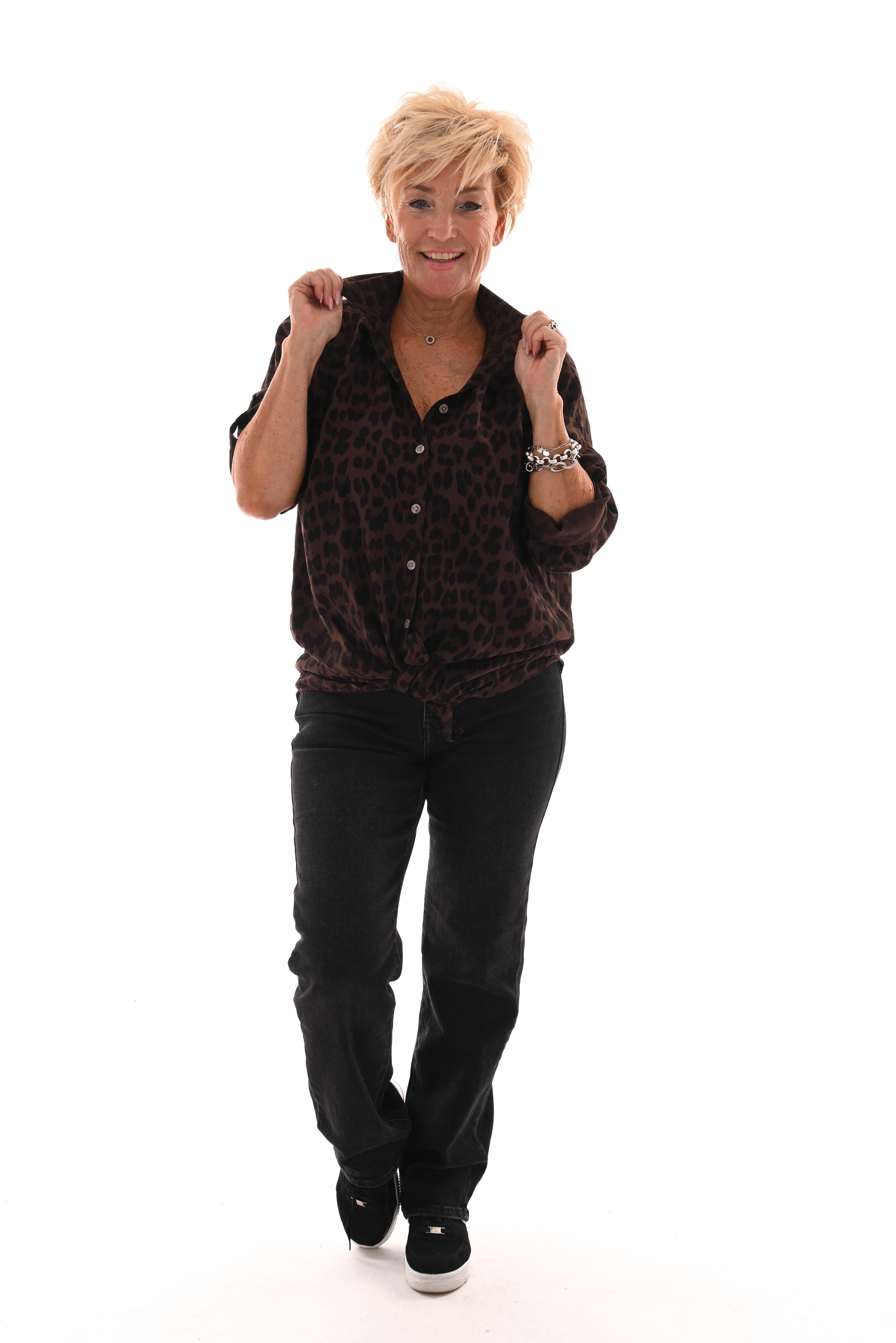 Panterprint blouse met knoop donkerbruin