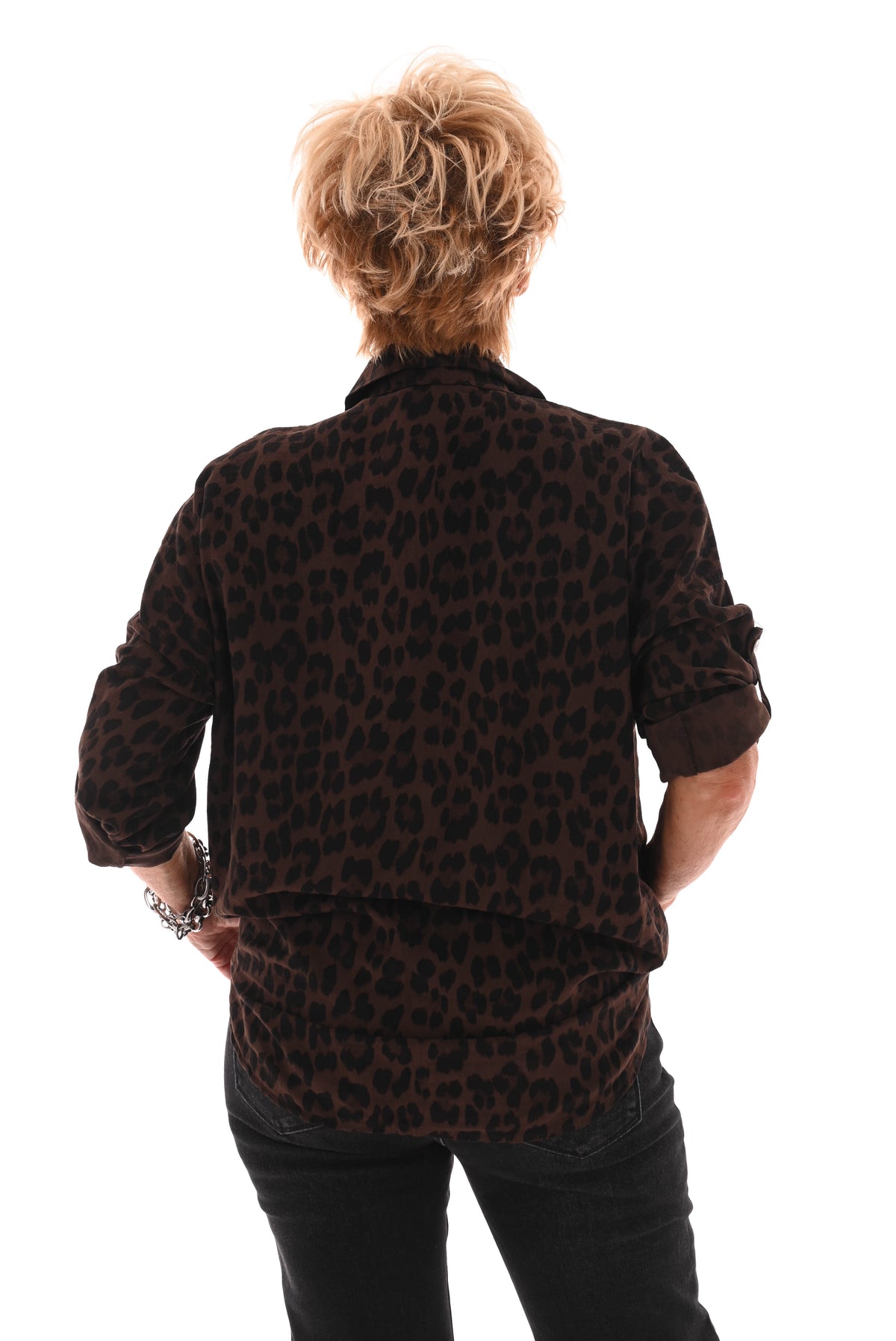 Panterprint blouse met knoop donkerbruin