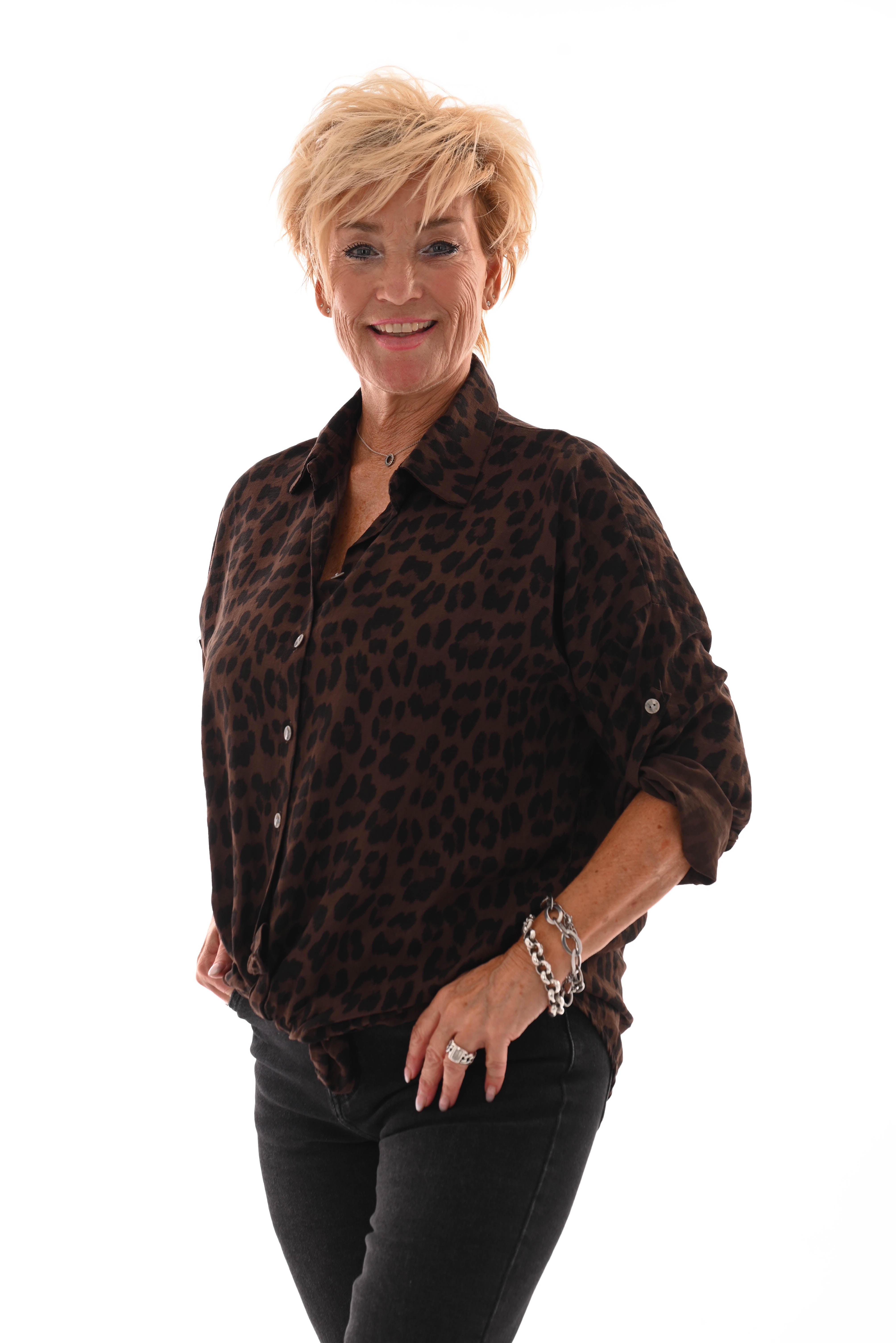 Panterprint blouse met knoop donkerbruin