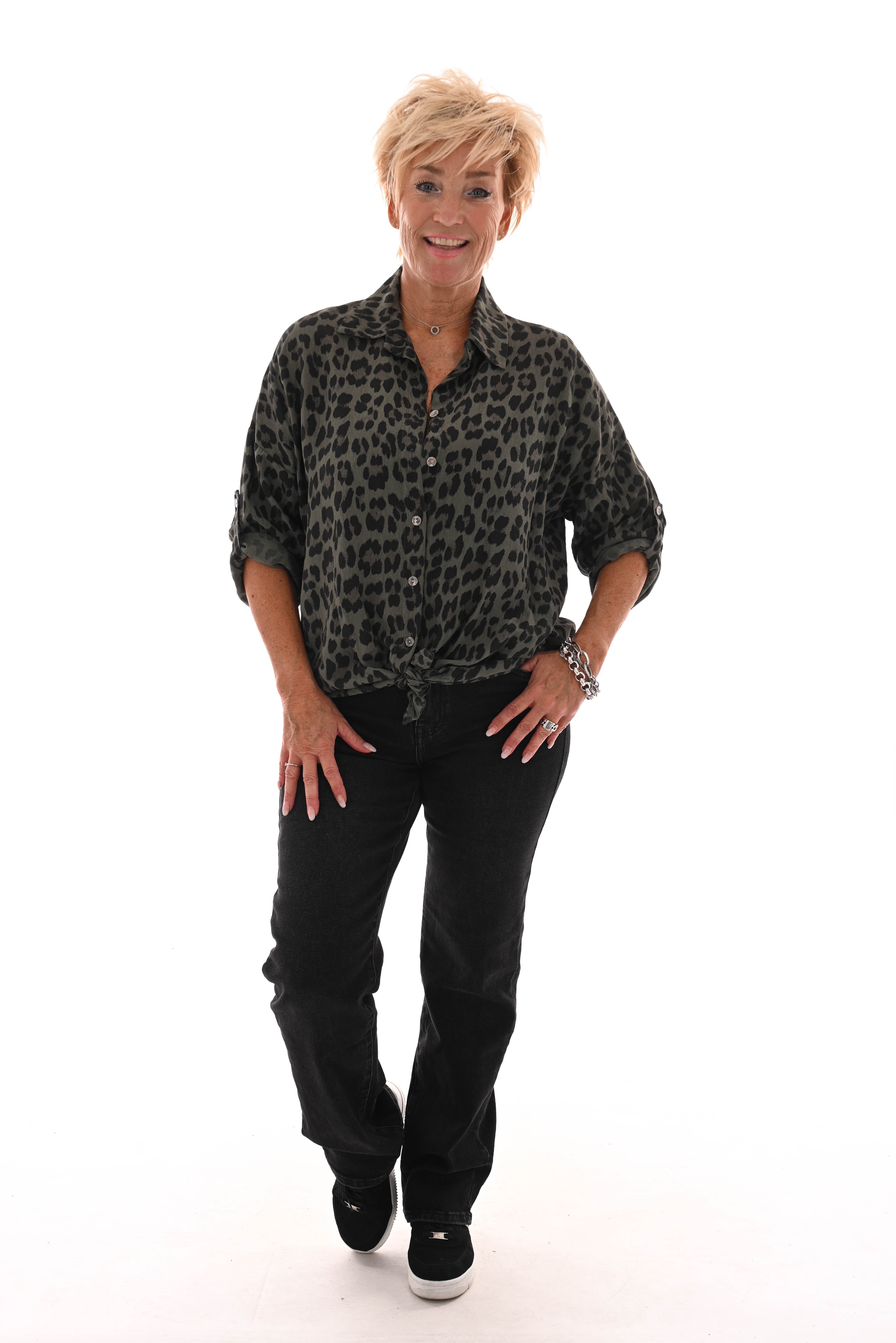 Panterprint blouse met knoop legergroen
