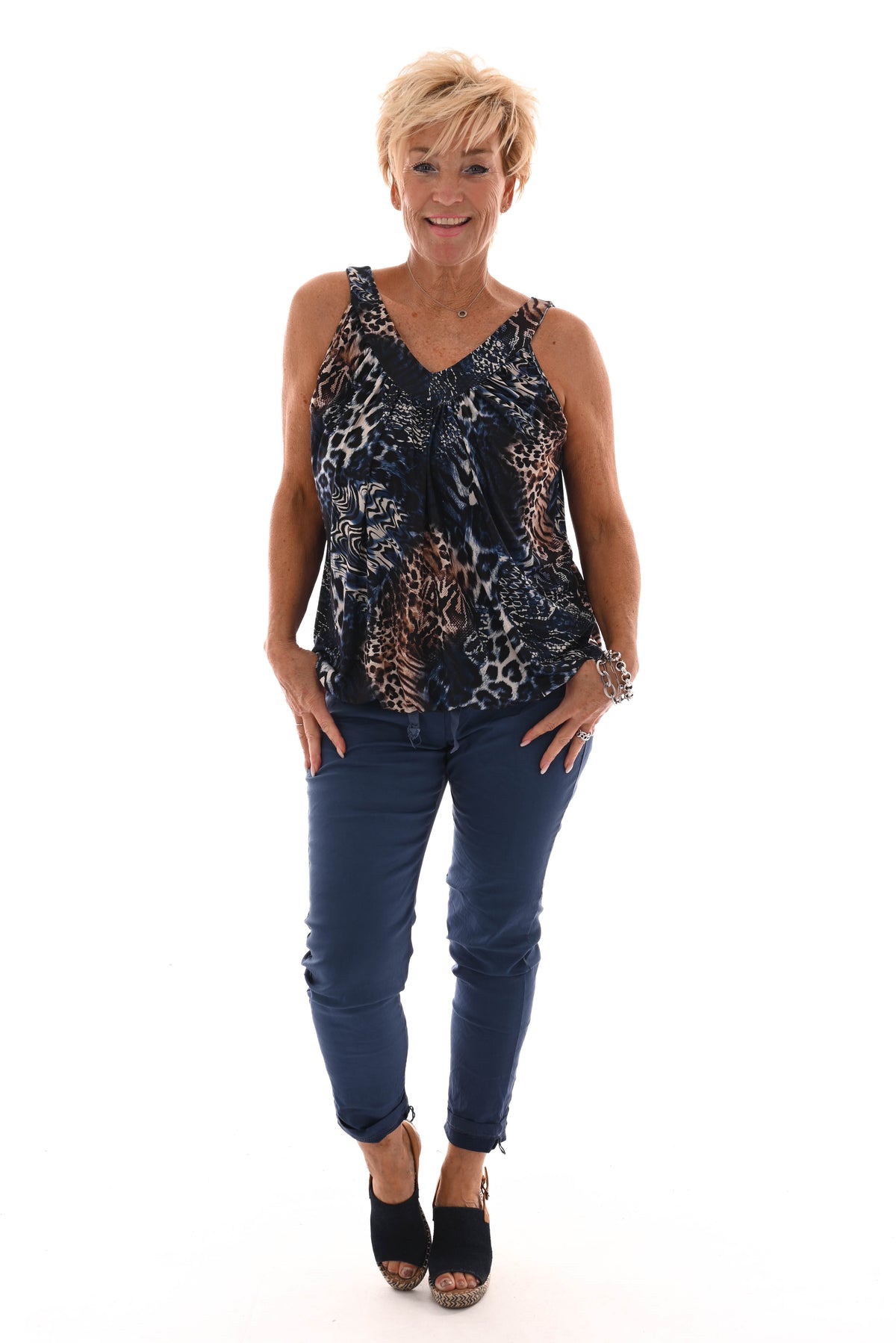 Top mouwloos dierenmix v-hals marineblauw