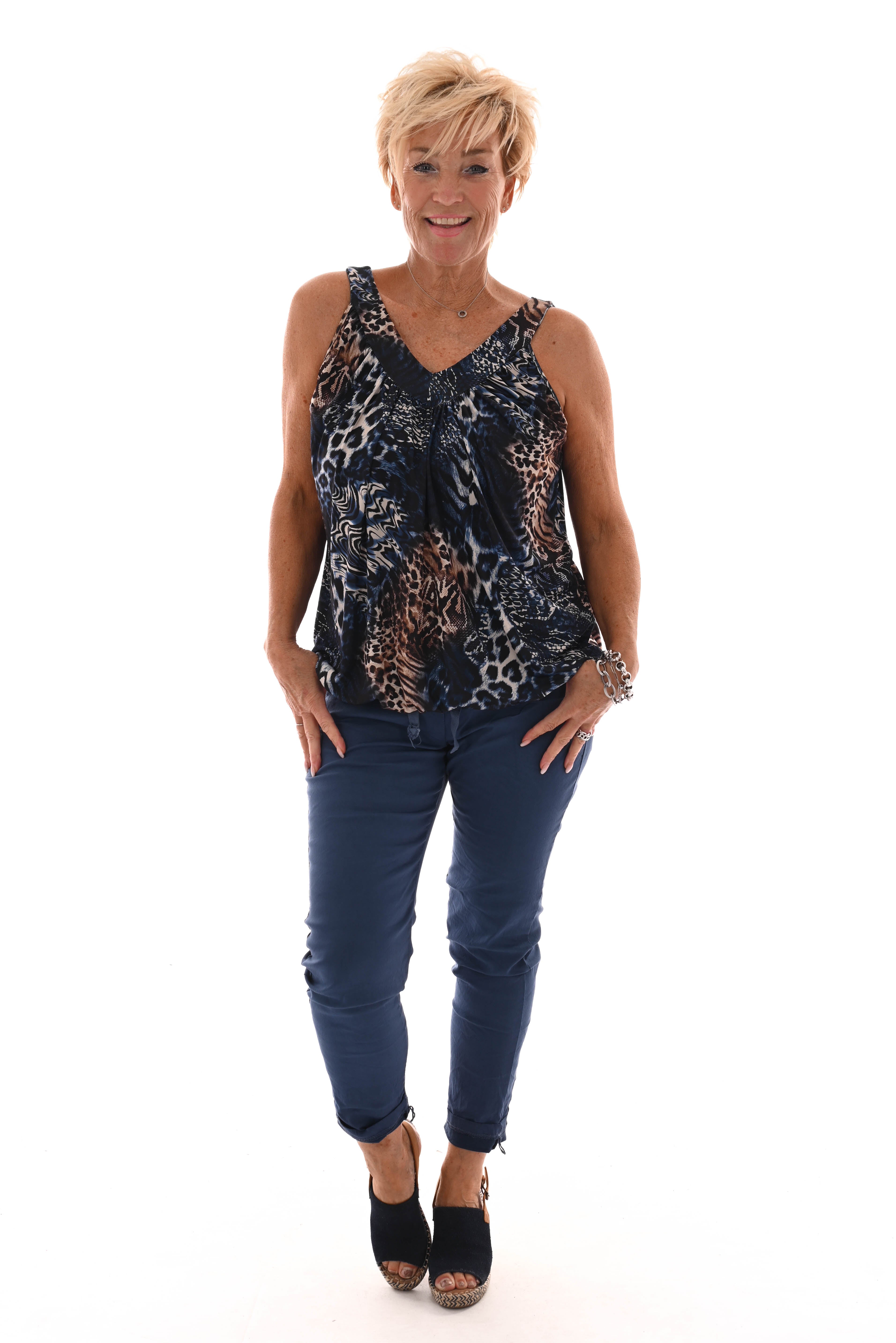 Top mouwloos dierenmix v-hals marineblauw