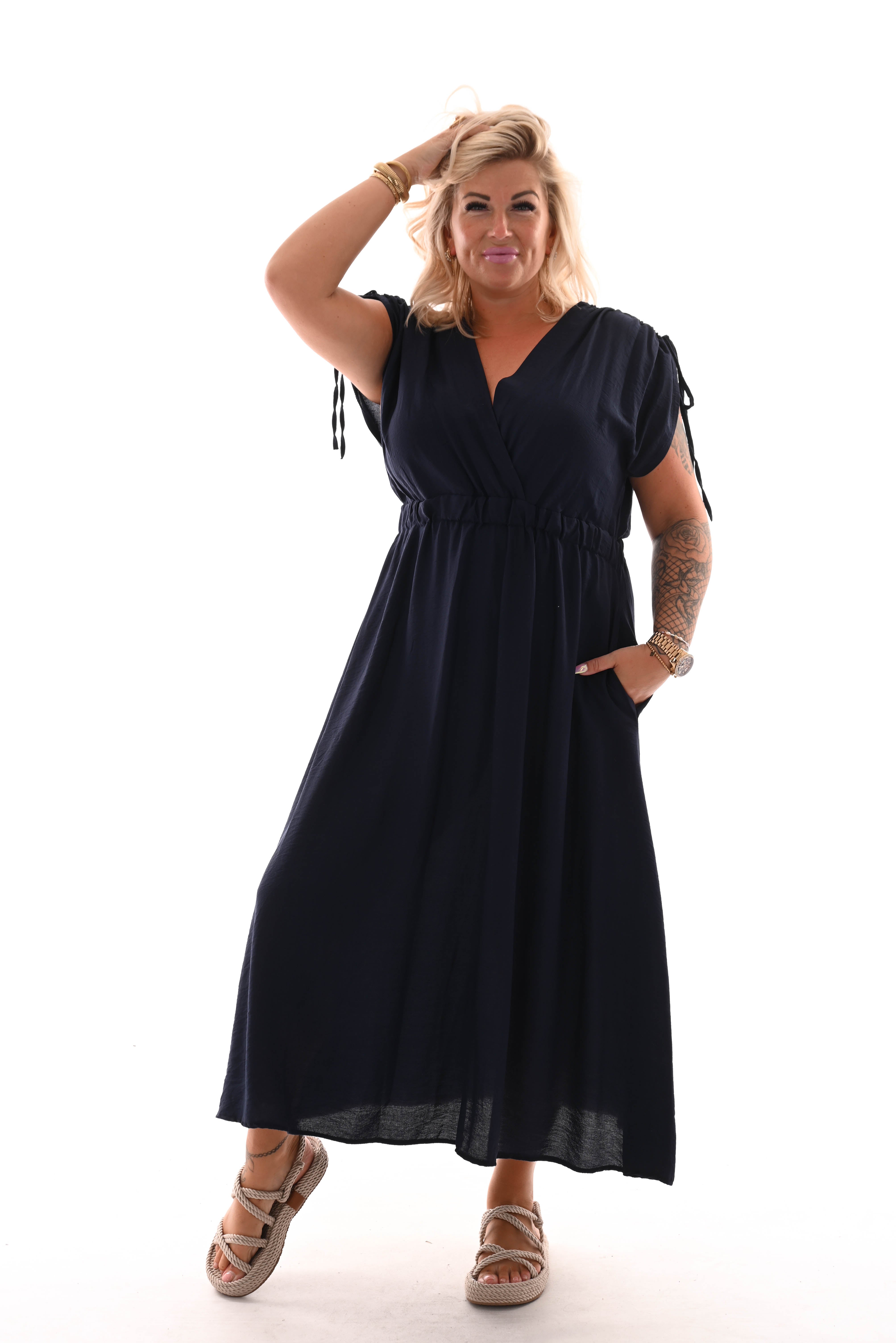 Lange jurk strik mouwen marineblauw