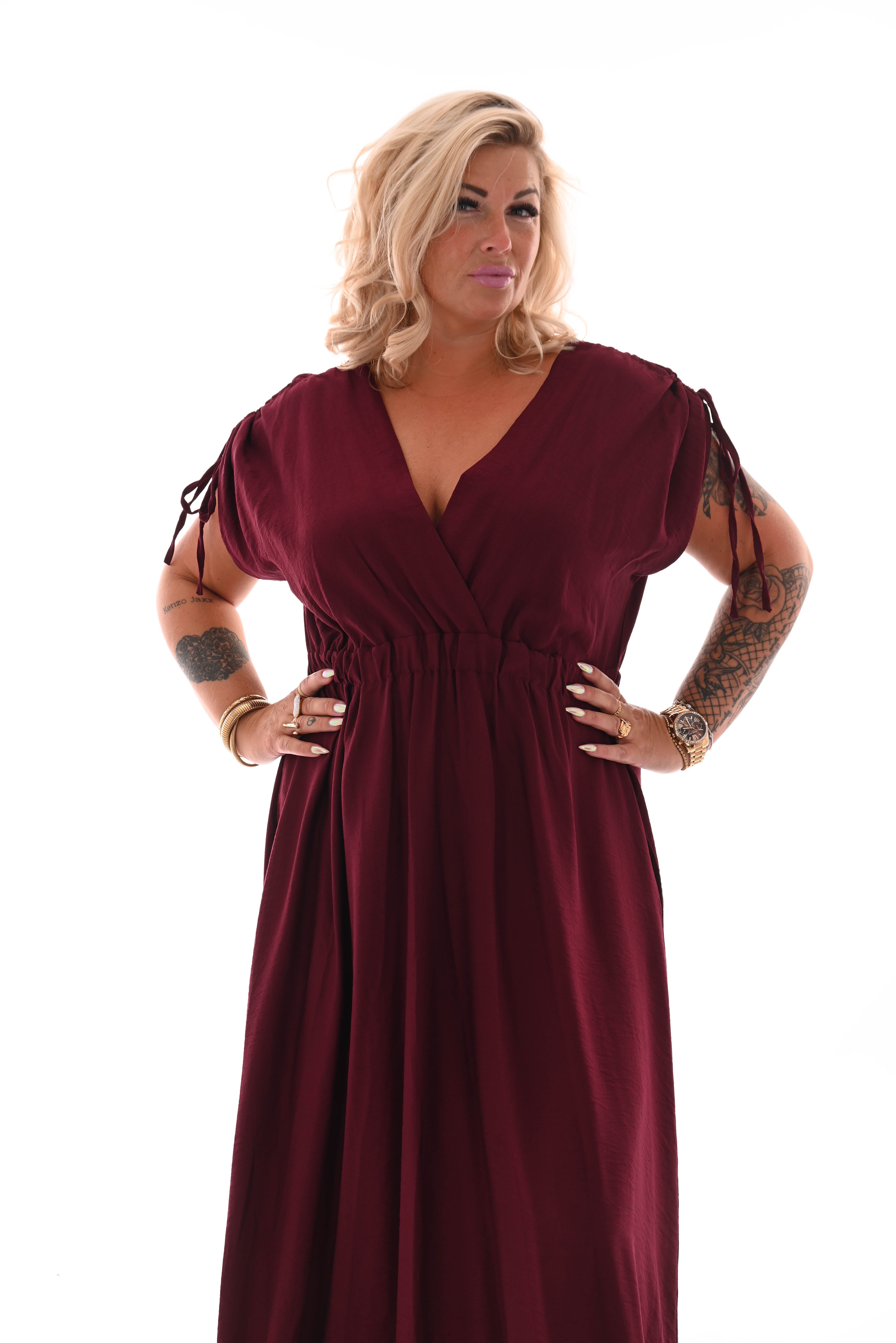 Lange jurk strik mouwen bordeaux