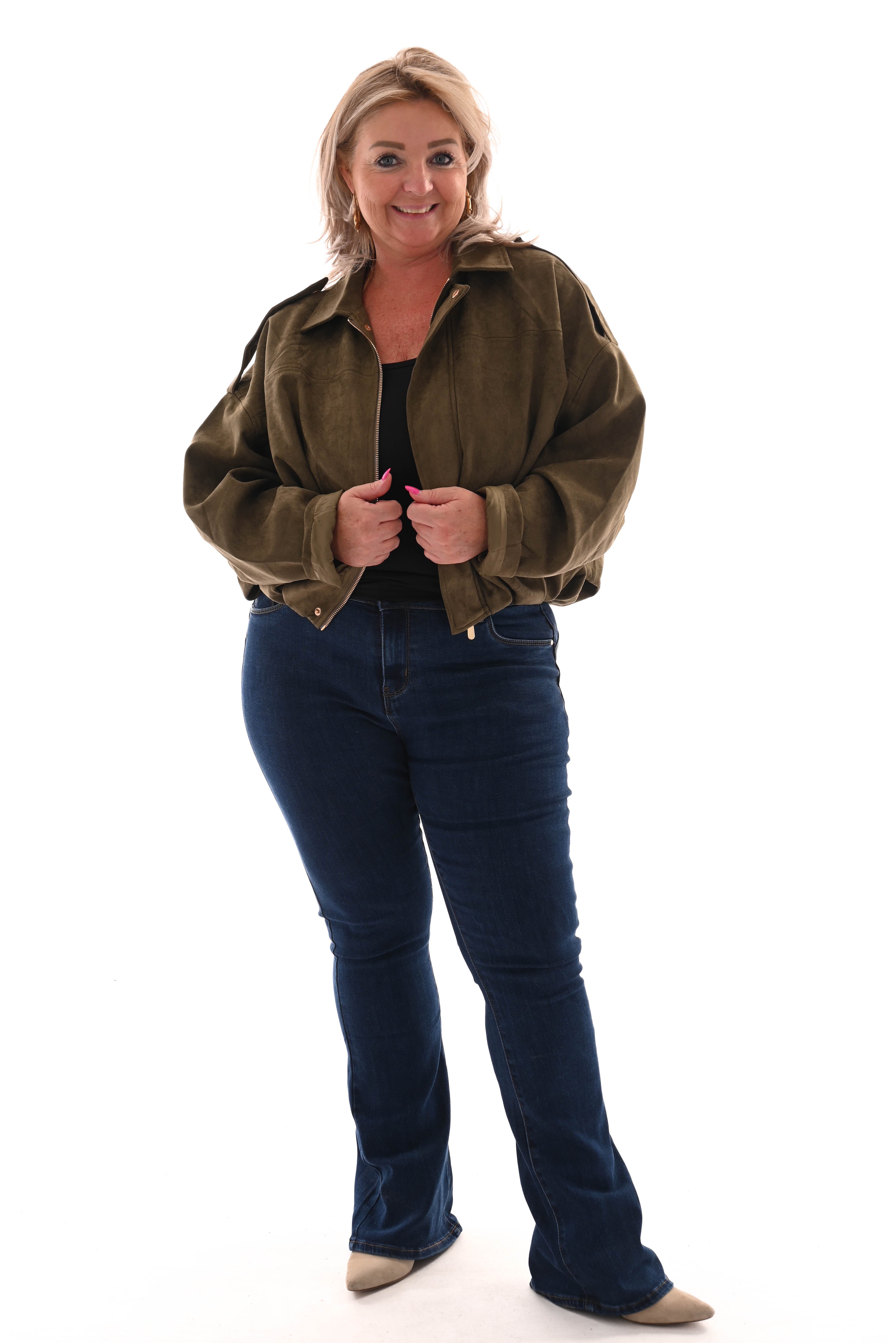 Suede look bomber jack legergroen